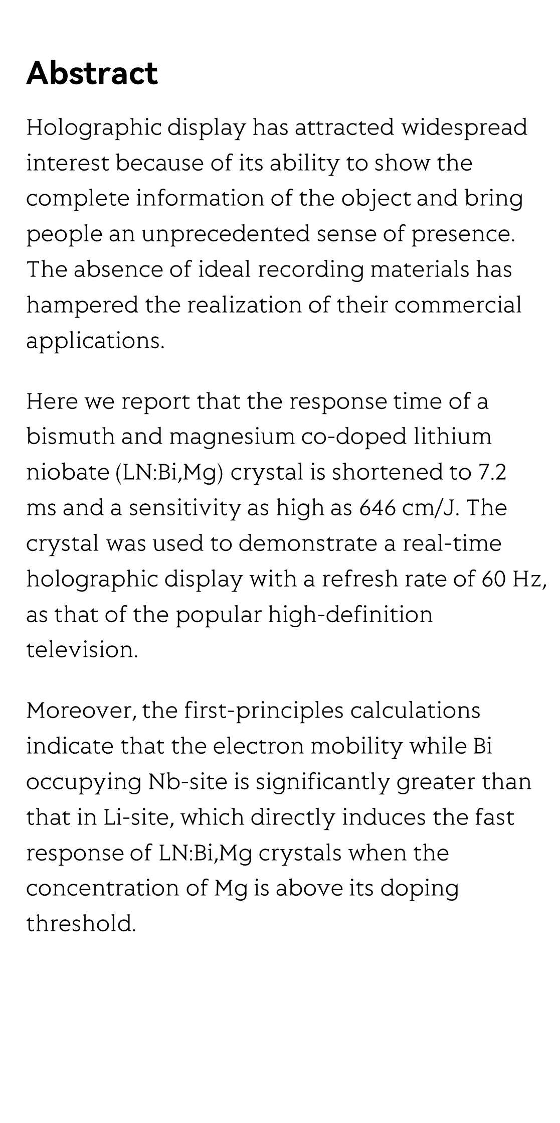 The real-time dynamic holographic display of LN:Bi,Mg crystals and defect-related electron mobility_2