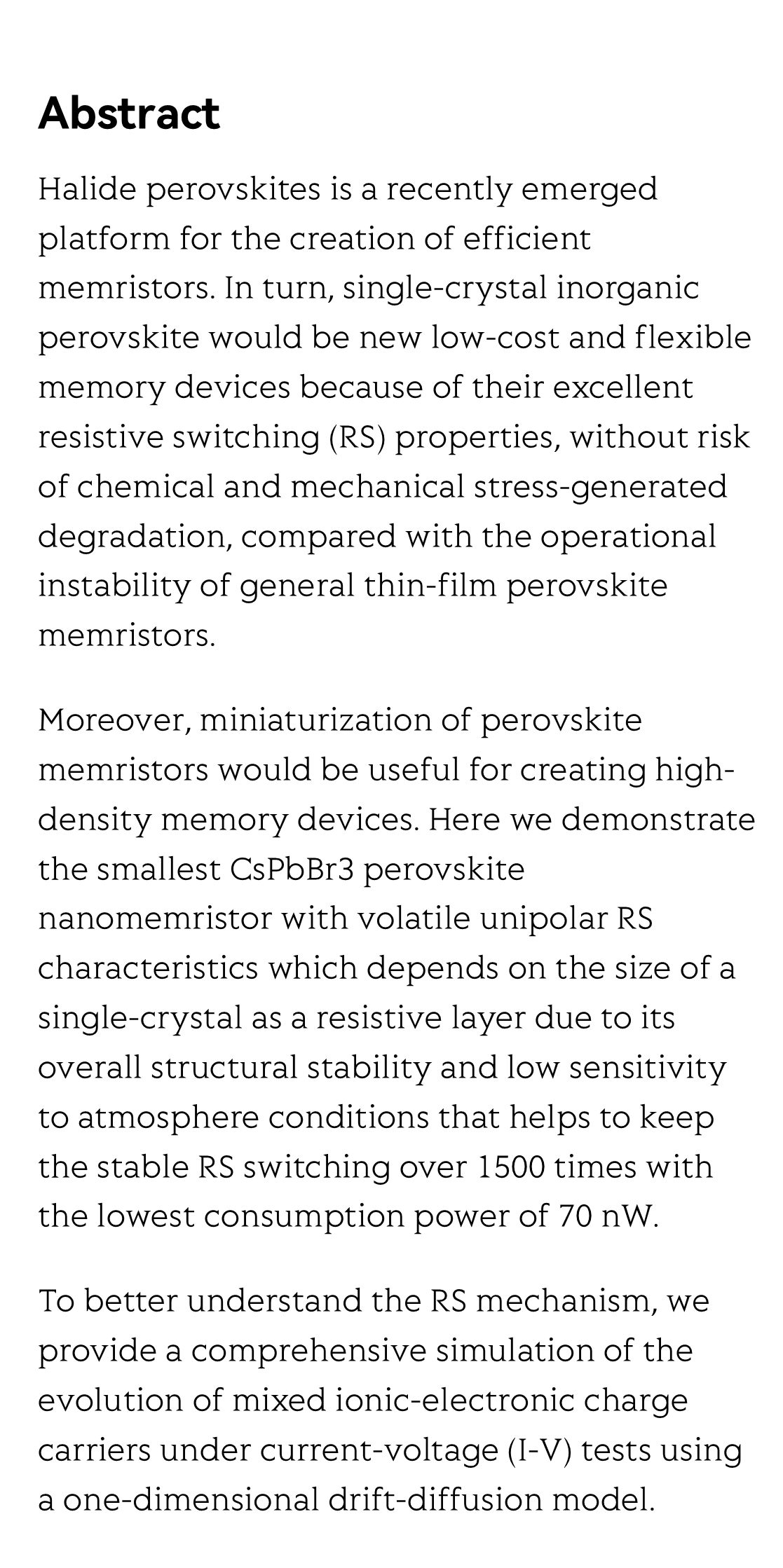 Halide perovskite volatile unipolar nanomemristor_2