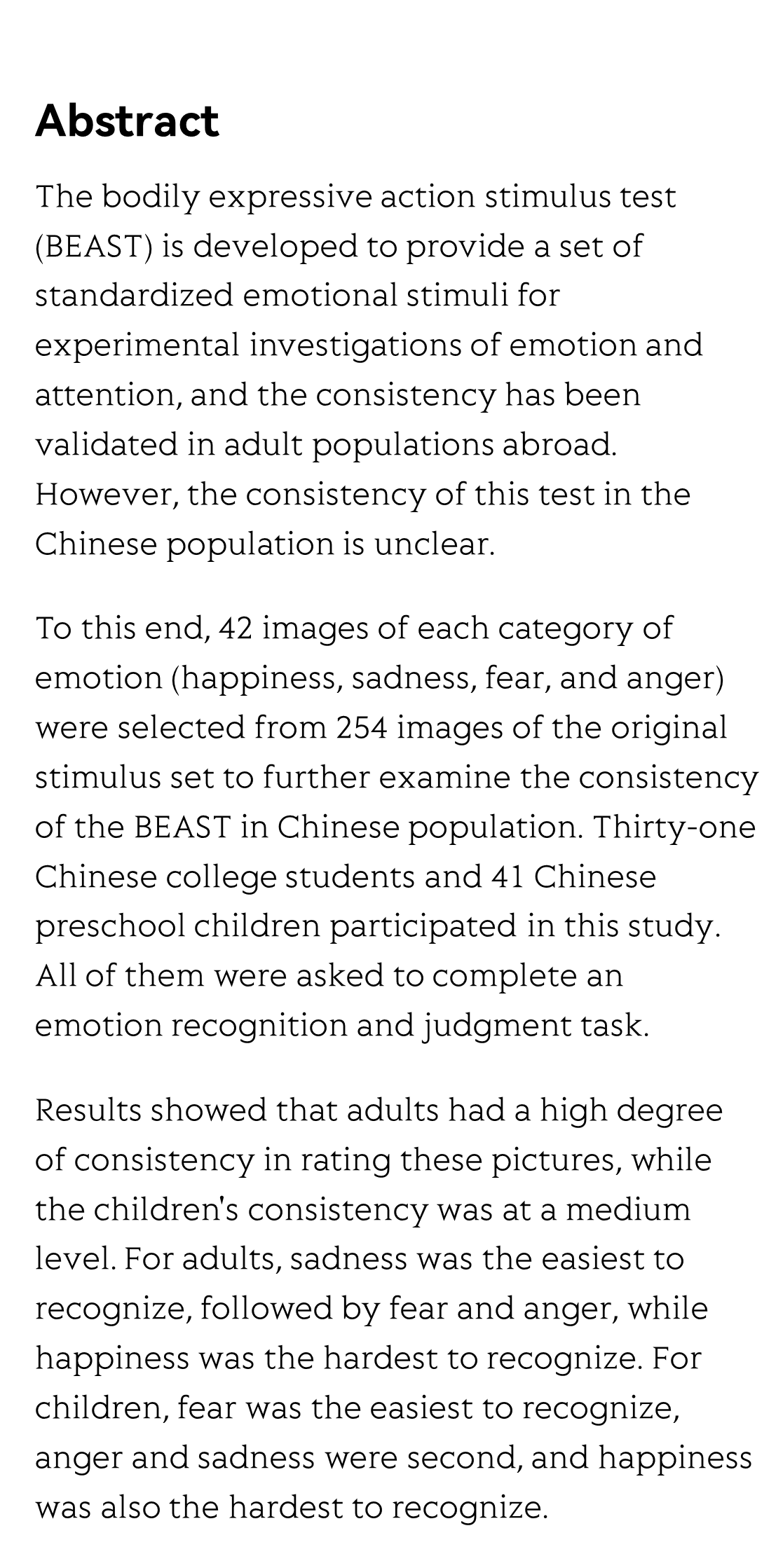 Validation of the bodily expressive action stimulus test among Chinese adults and children_2