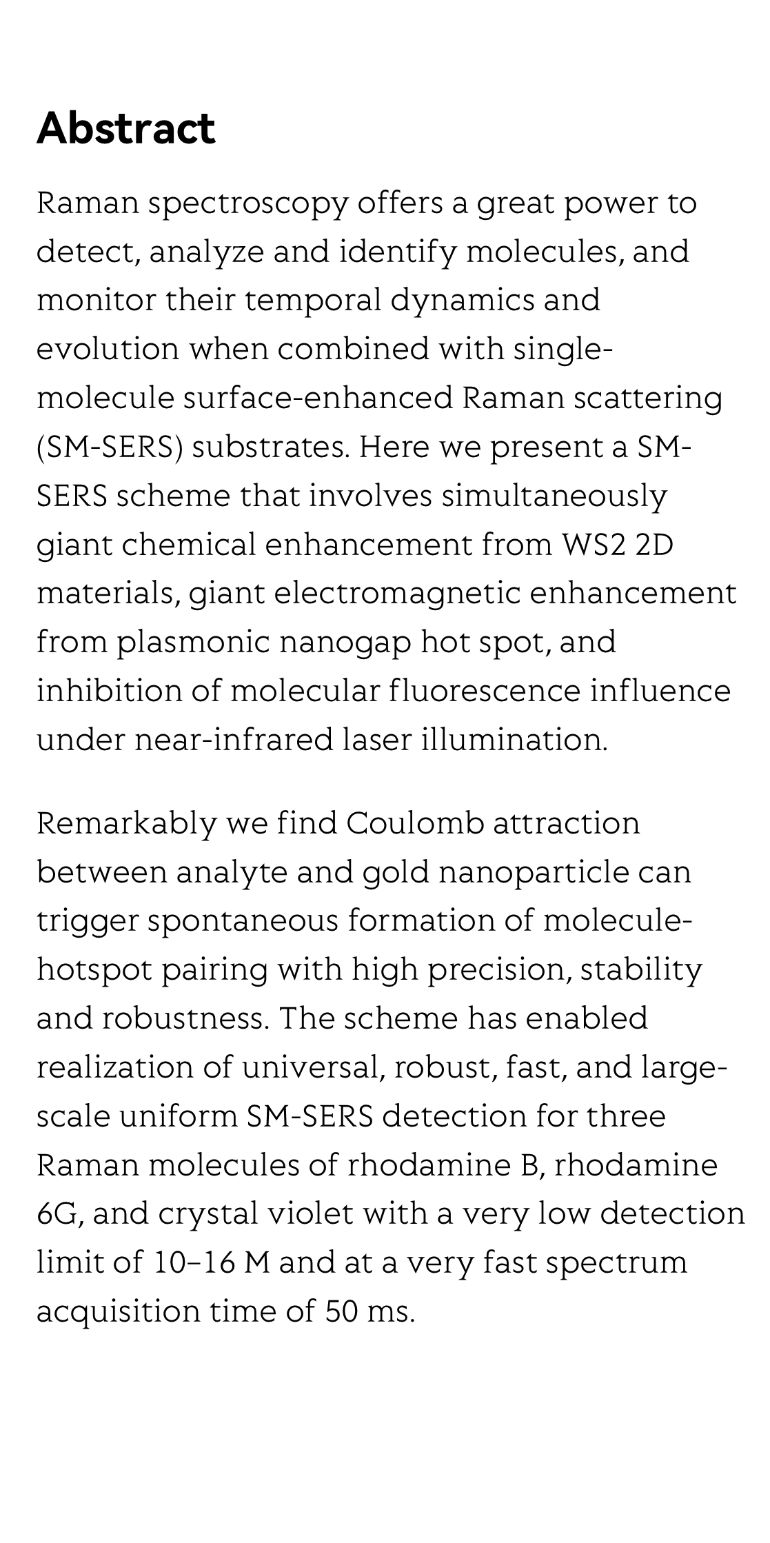 Coulomb attraction driven spontaneous molecule-hotspot paring enables universal, fast, and large-scale uniform single-molecule Raman spectroscopy_2