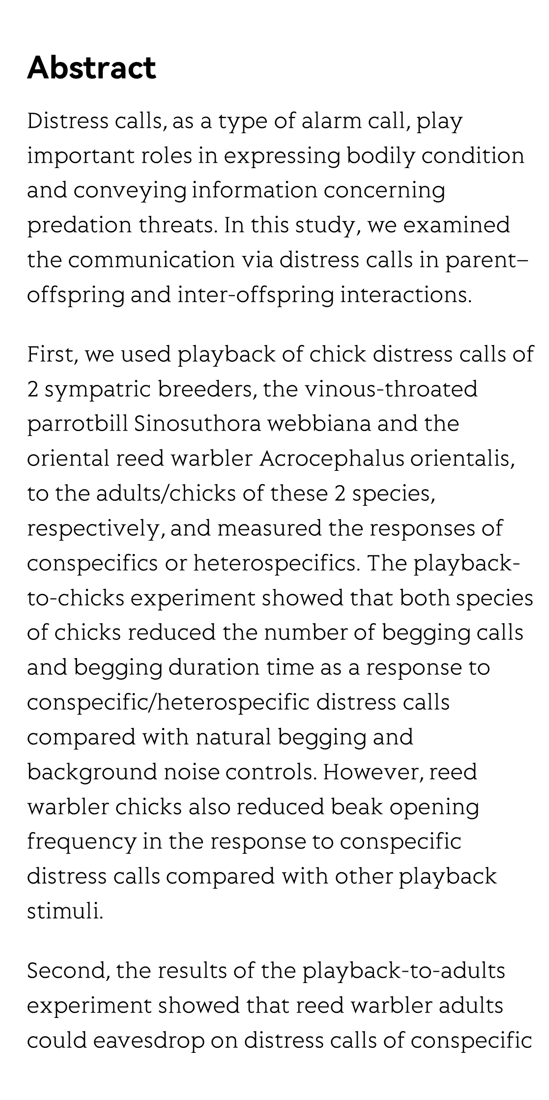 Parent–offspring and inter-offspring responses to conspecific versus heterospecific distress calls in 2 sympatric birds_2