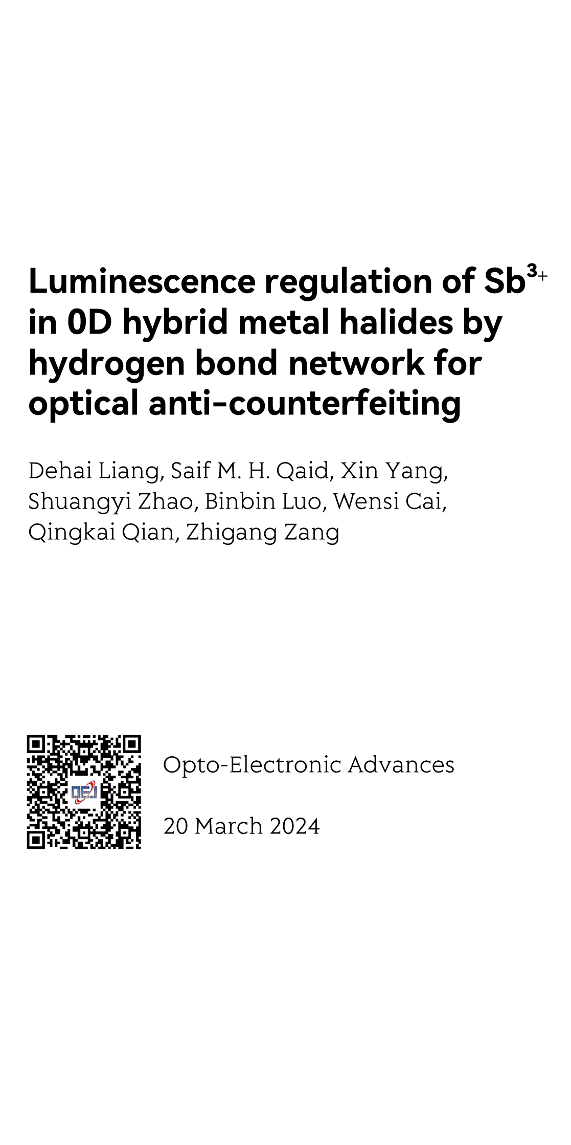 Luminescence regulation of Sb3+ in 0D hybrid metal halides by hydrogen bond network for optical anti-counterfeiting_1