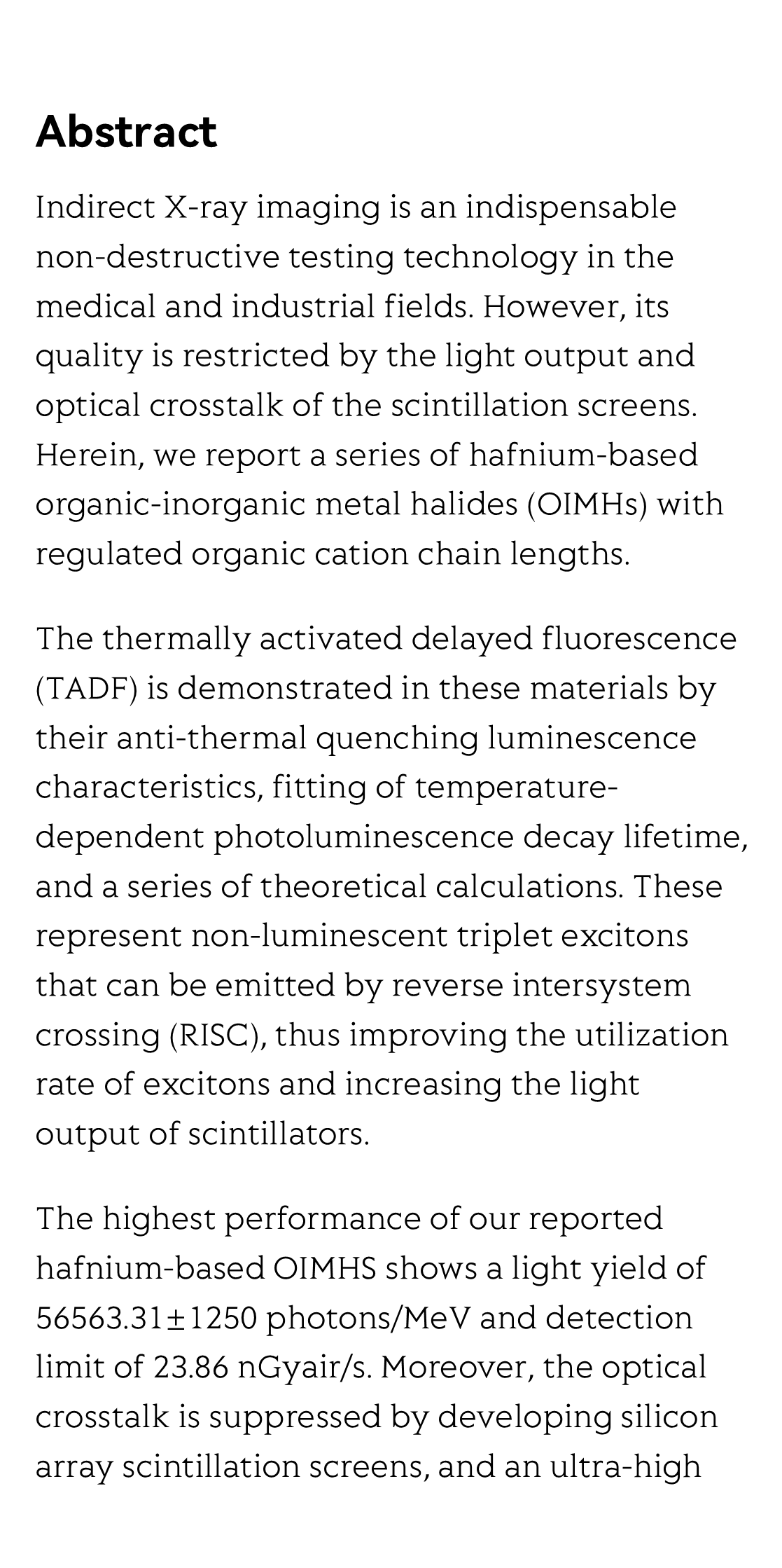 Triplet exciton harvesting via TADF in hafnium chlorides array scintillator screen enables ultrahigh-resolution X-ray imaging_2
