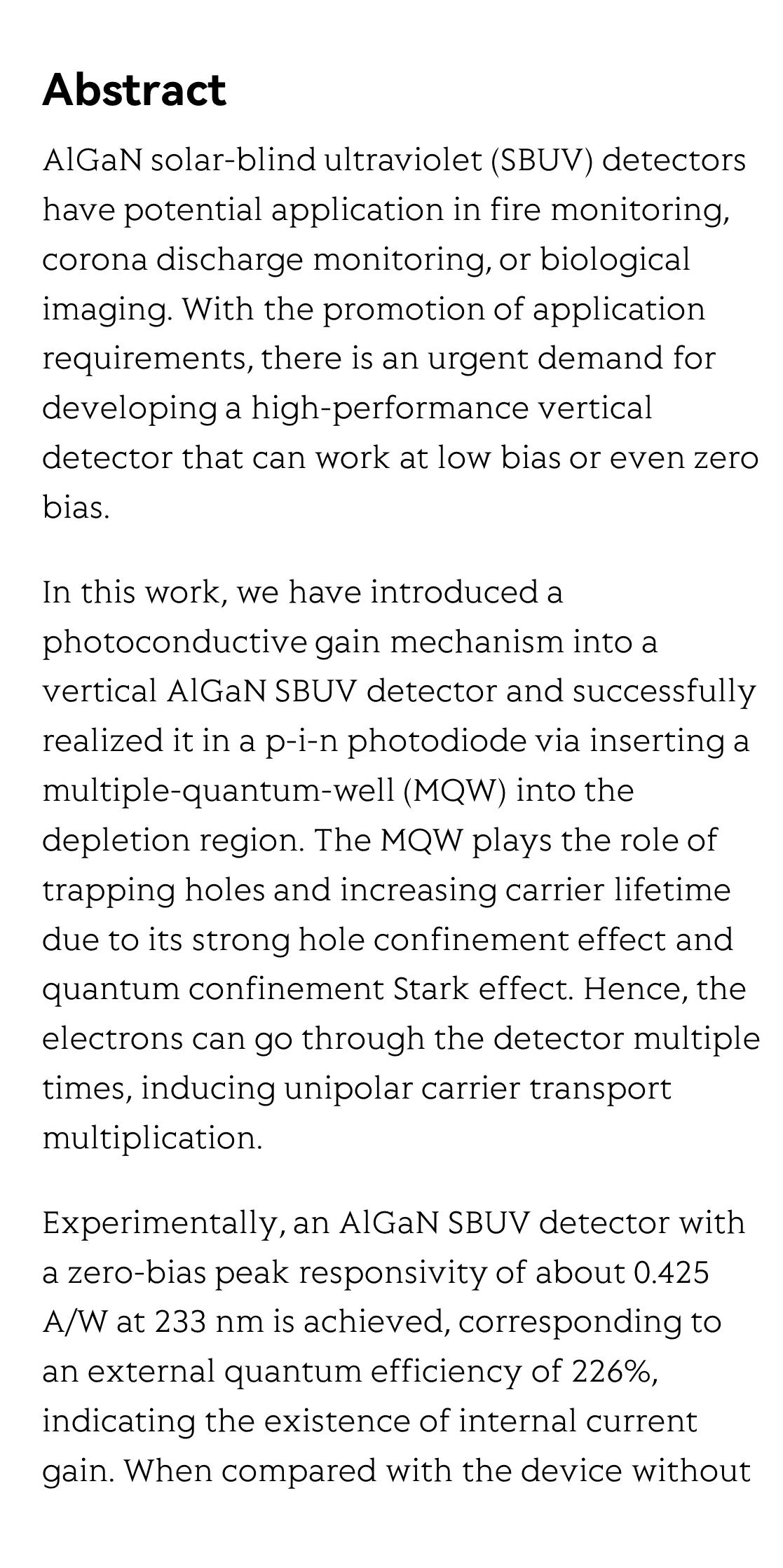 Multiple-quantum-well-induced unipolar carrier transport multiplication in AlGaN solar-blind ultraviolet photodiode_2