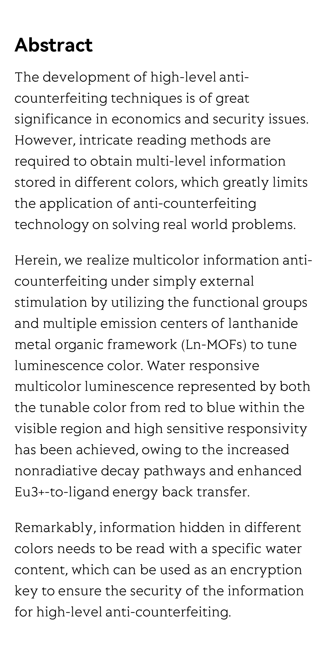 Water-sensitive multicolor luminescence in lanthanide-organic framework for anti-counterfeiting_2