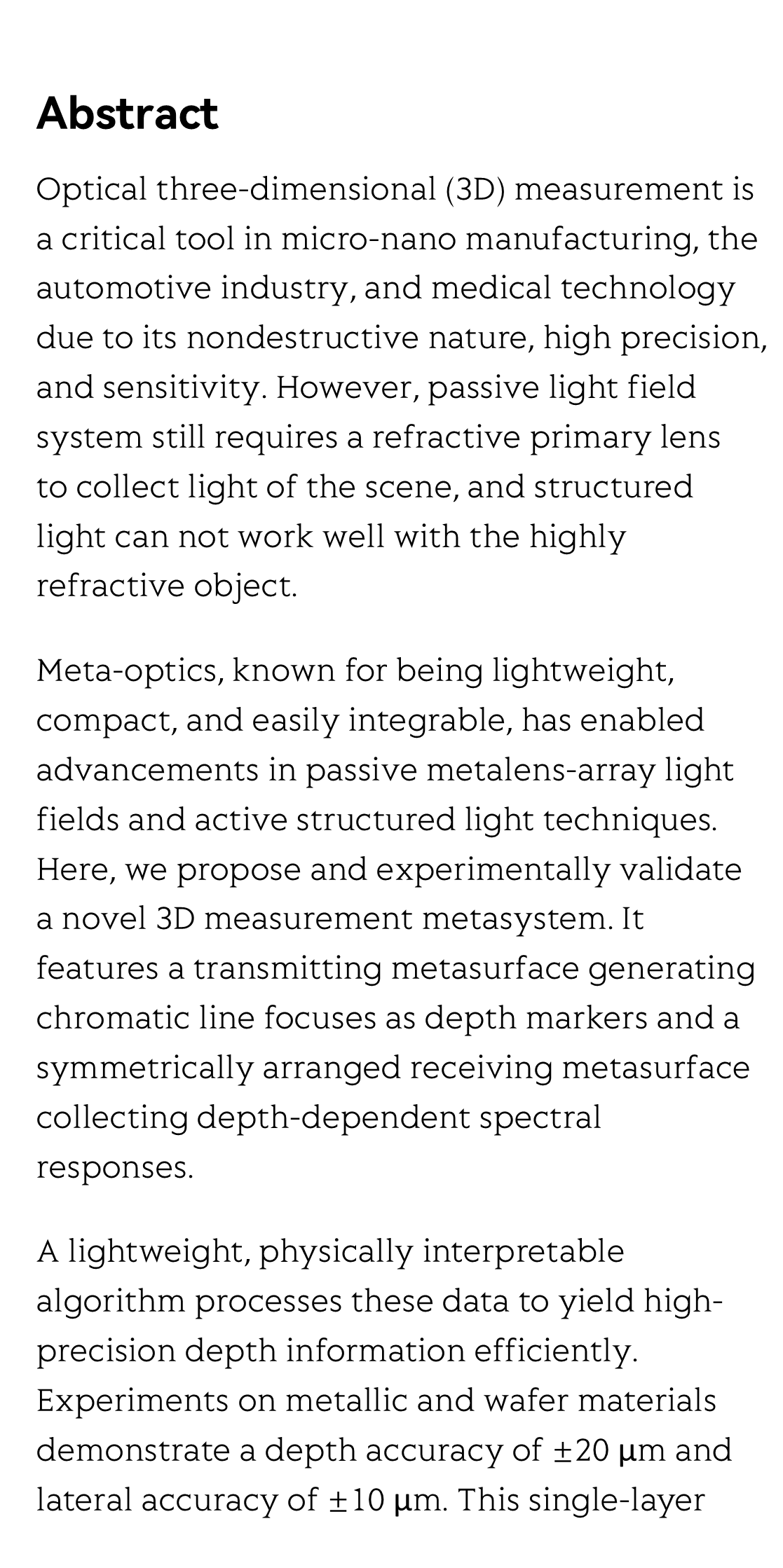 Three-dimensional measurement enabled by single-layer all-in-one transmitting-receipting optical metasystem_2