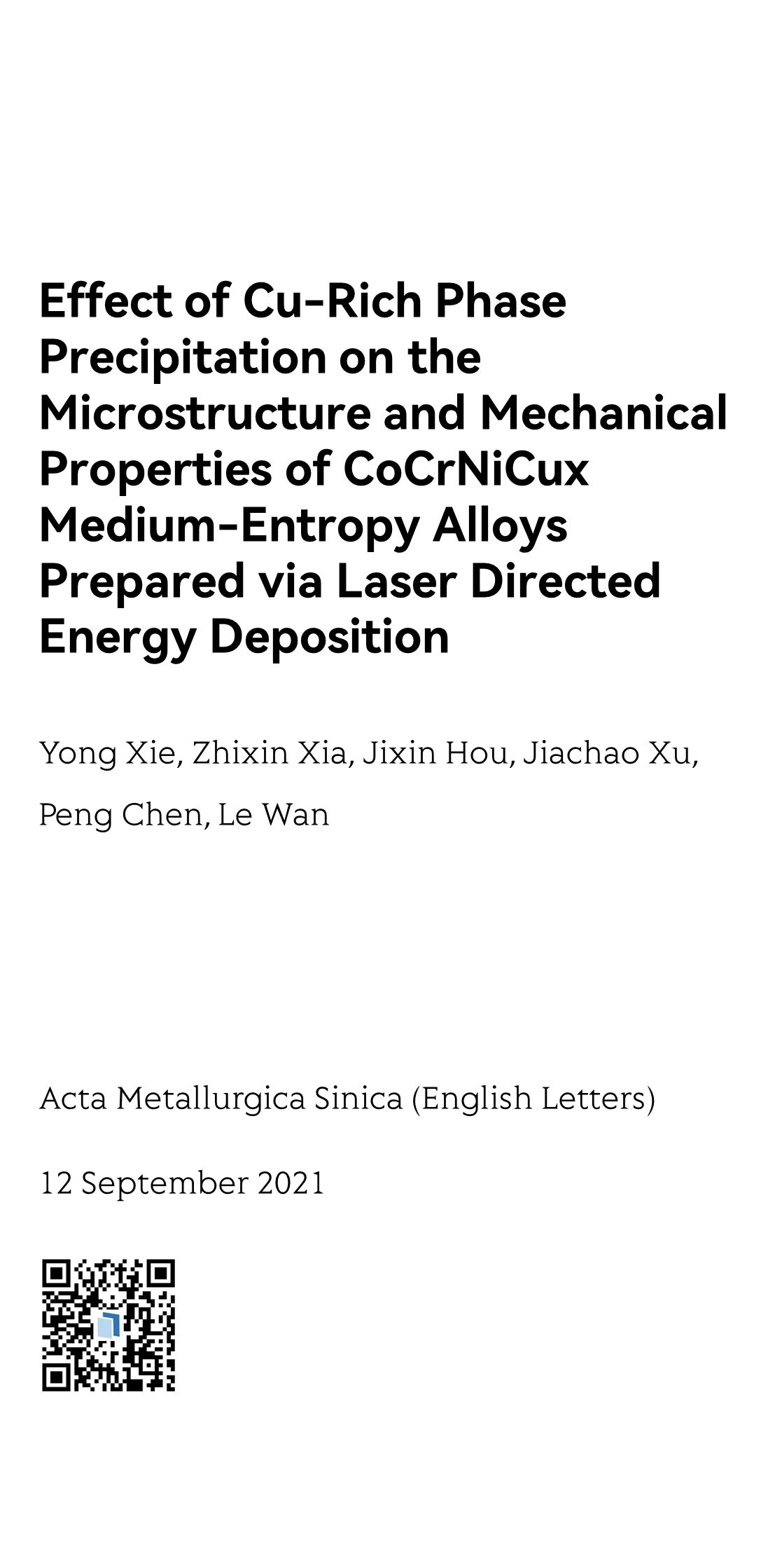 Effect of Cu-Rich Phase Precipitation on the Microstructure and Mechanical Properties of CoCrNiCux Medium-Entropy Alloys Prepared via Laser Directed Energy Deposition_1