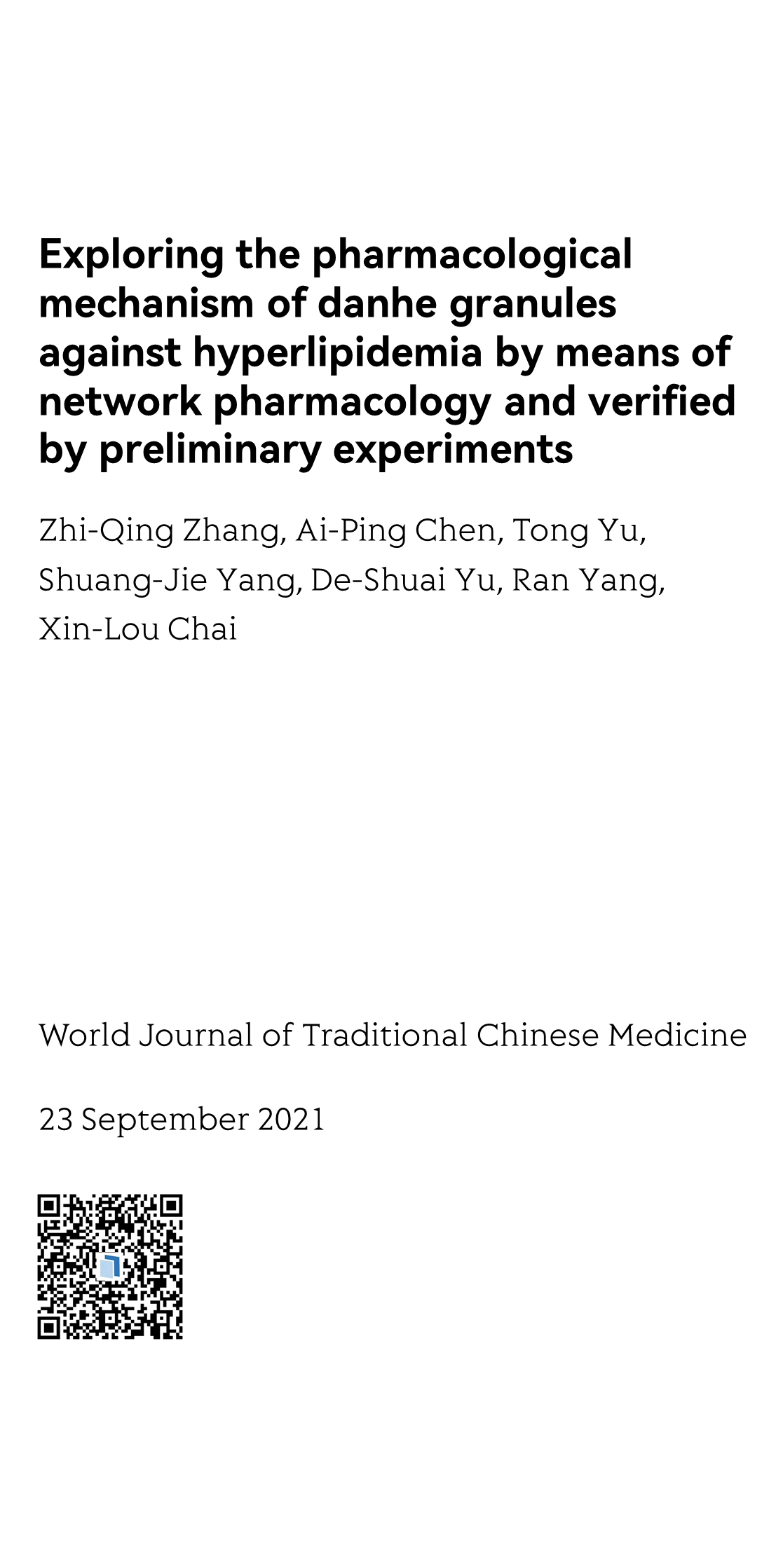 Exploring the pharmacological mechanism of danhe granules against hyperlipidemia by means of network pharmacology and verified by preliminary experiments_1