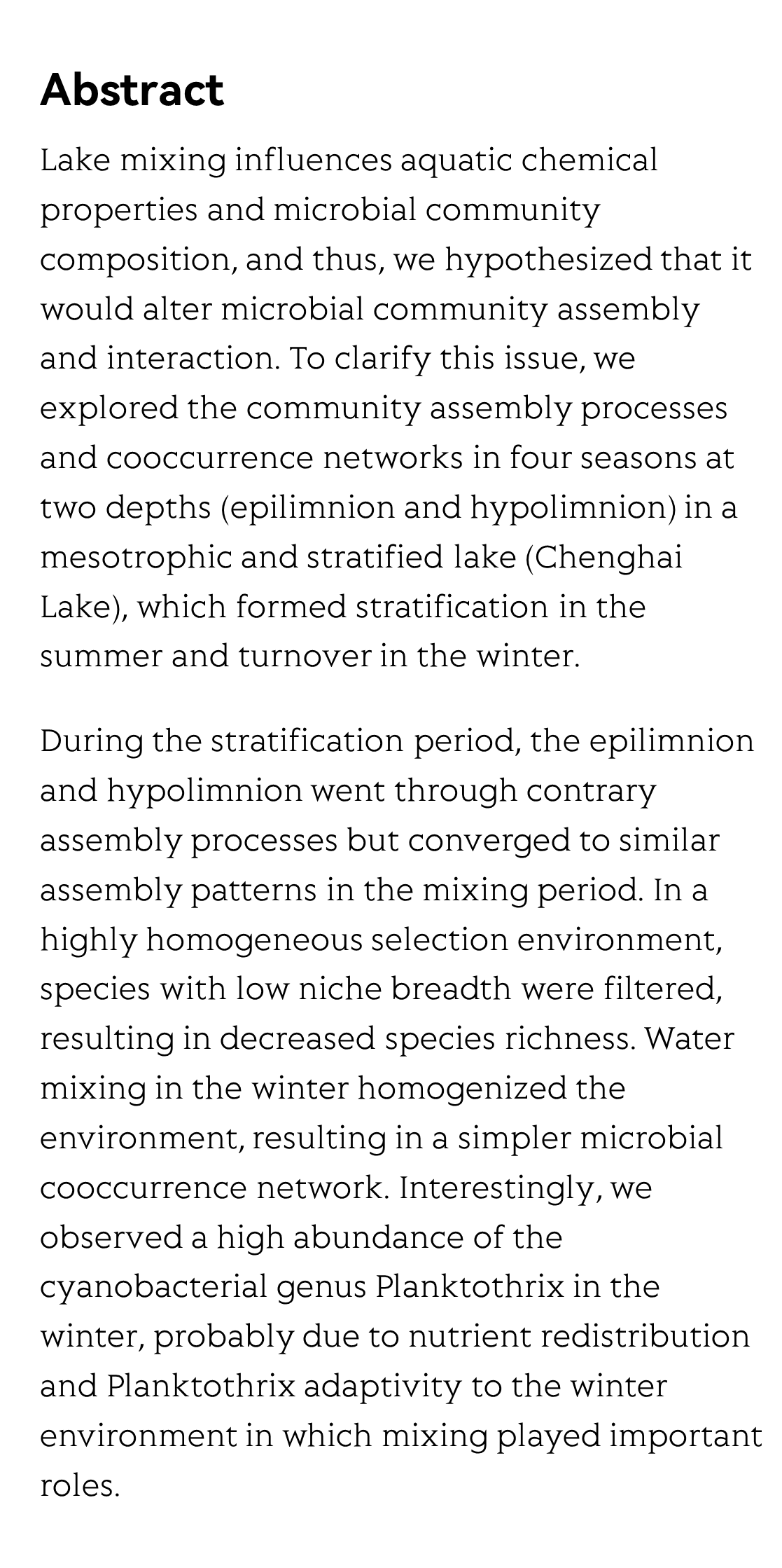 Mixing regime shapes the community assembly process, microbial interaction and proliferation of cyanobacterial species Planktothrix in a stratified lake_2