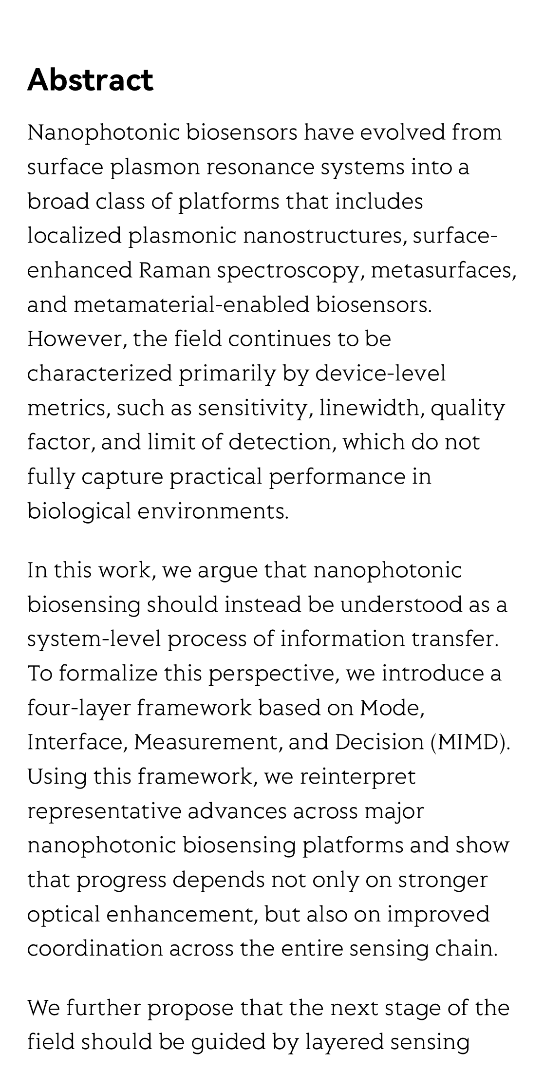 From device metrics to information fidelity: reframing nanophotonic biosensing through mode–interface–measurement–decision_2