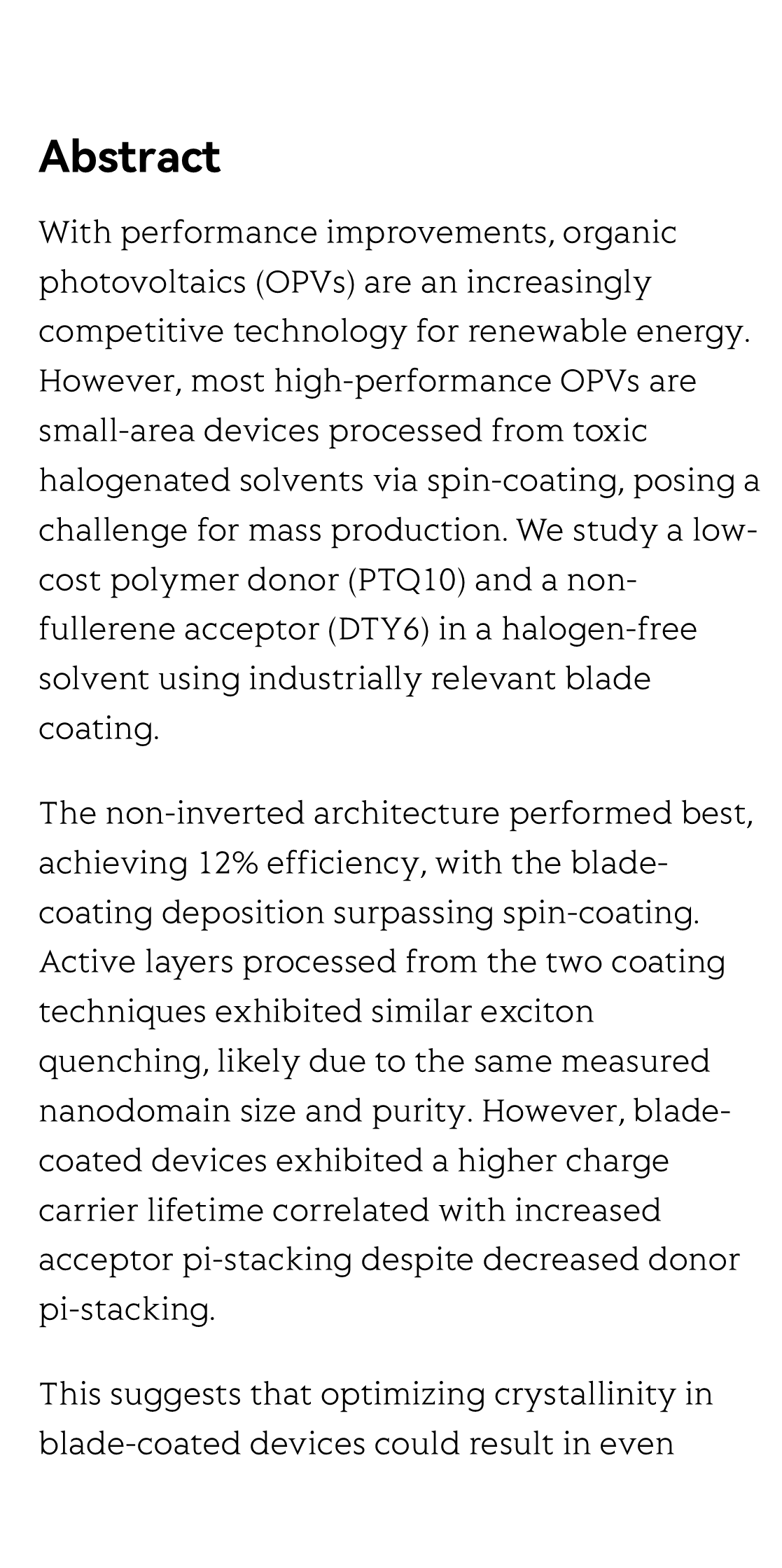 Robust performance of PTQ10:DTY6 in halogen-free photovoltaics across deposition techniques and configurations for industrial scale-up_2