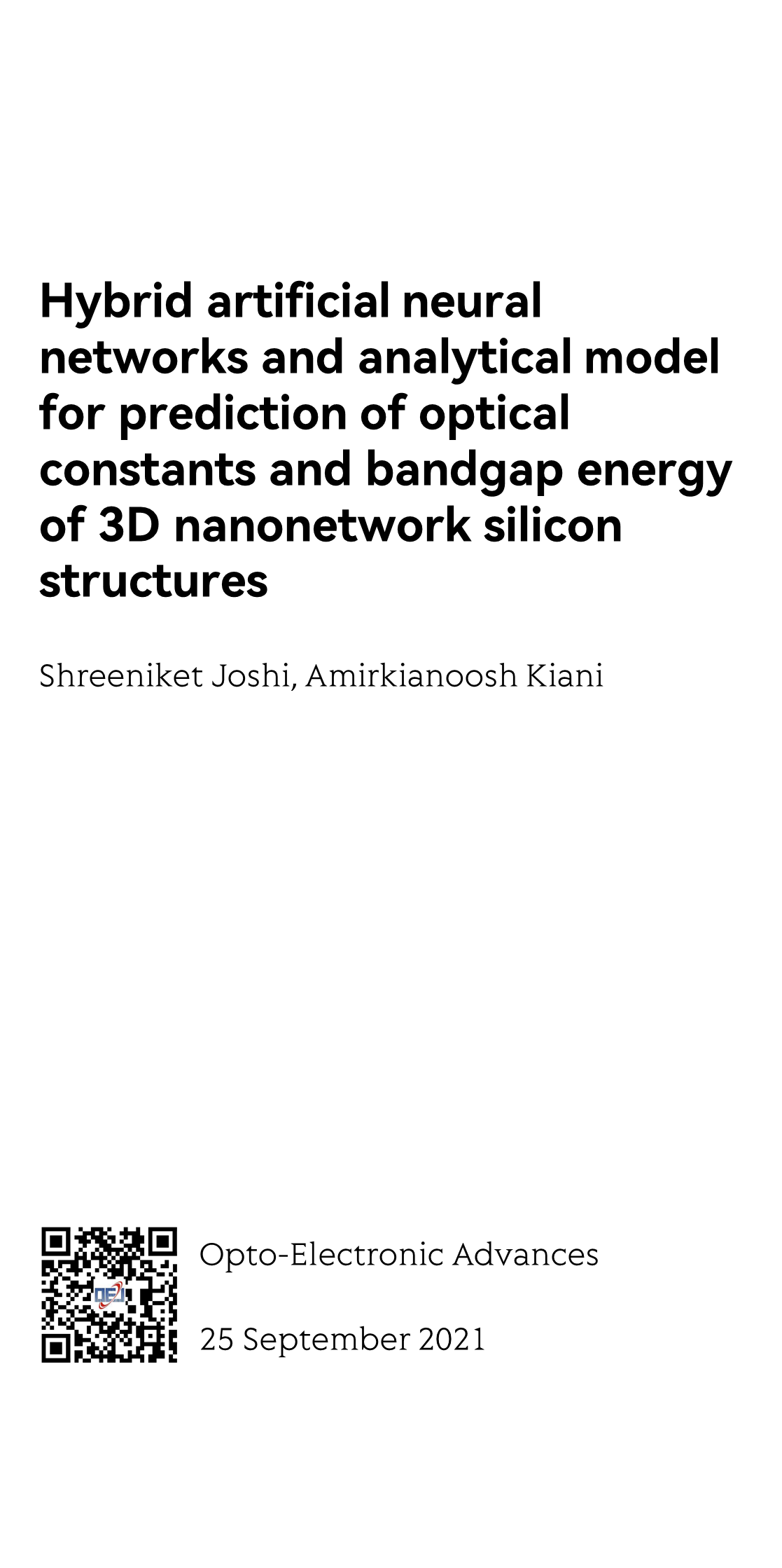 Hybrid artificial neural networks and analytical model for prediction of optical constants and bandgap energy of 3D nanonetwork silicon structures_1