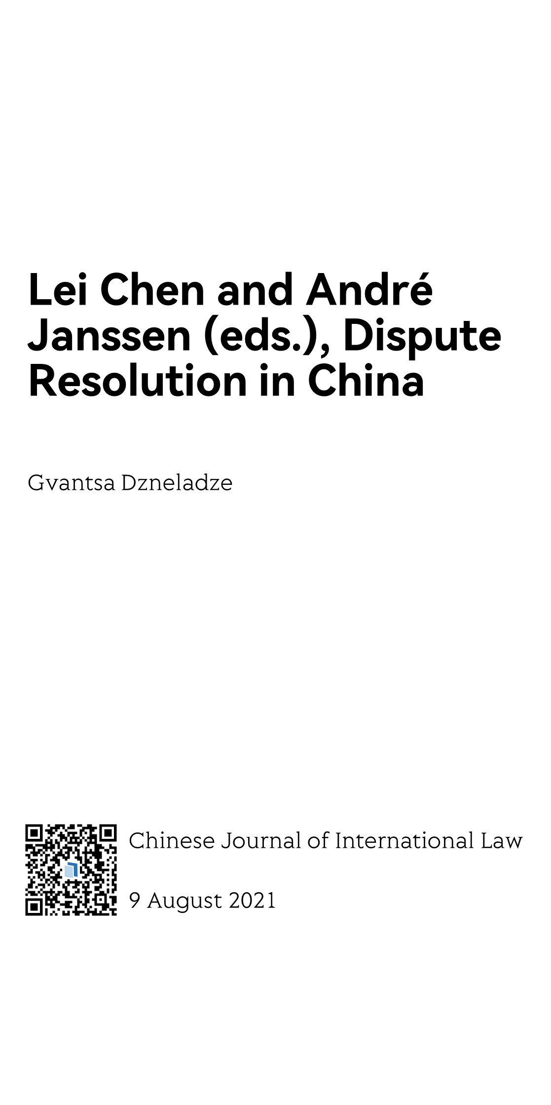 Lei Chen and André Janssen (eds.), Dispute Resolution in China_1