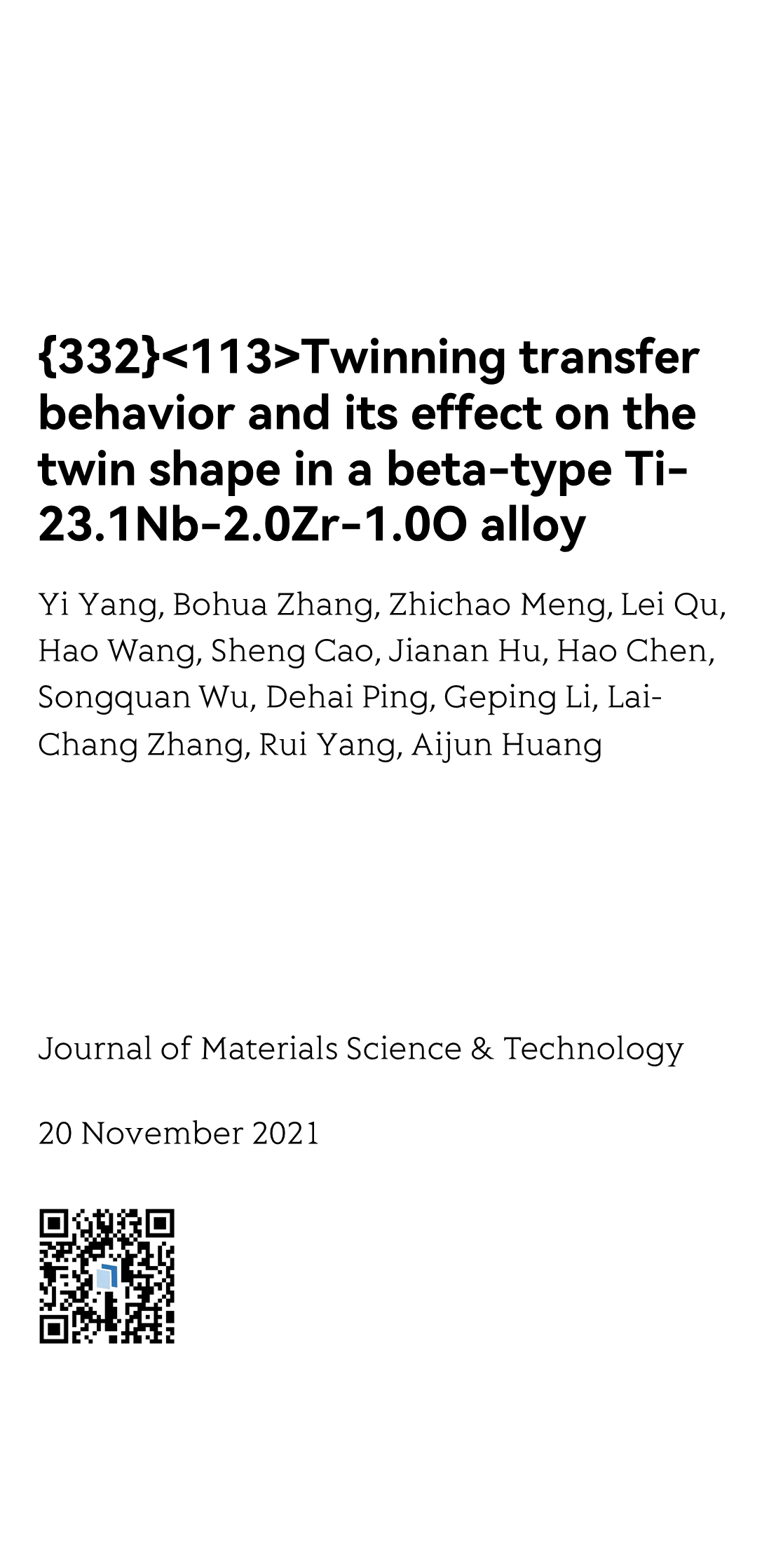 {332}<113>Twinning transfer behavior and its effect on the twin shape in a beta-type Ti-23.1Nb-2.0Zr-1.0O alloy_1
