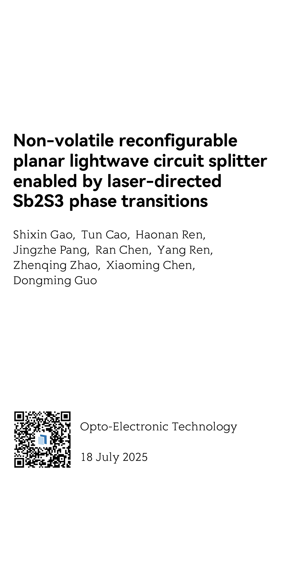 Non-volatile reconfigurable planar lightwave circuit splitter enabled by laser-directed Sb2S3 phase transitions_1