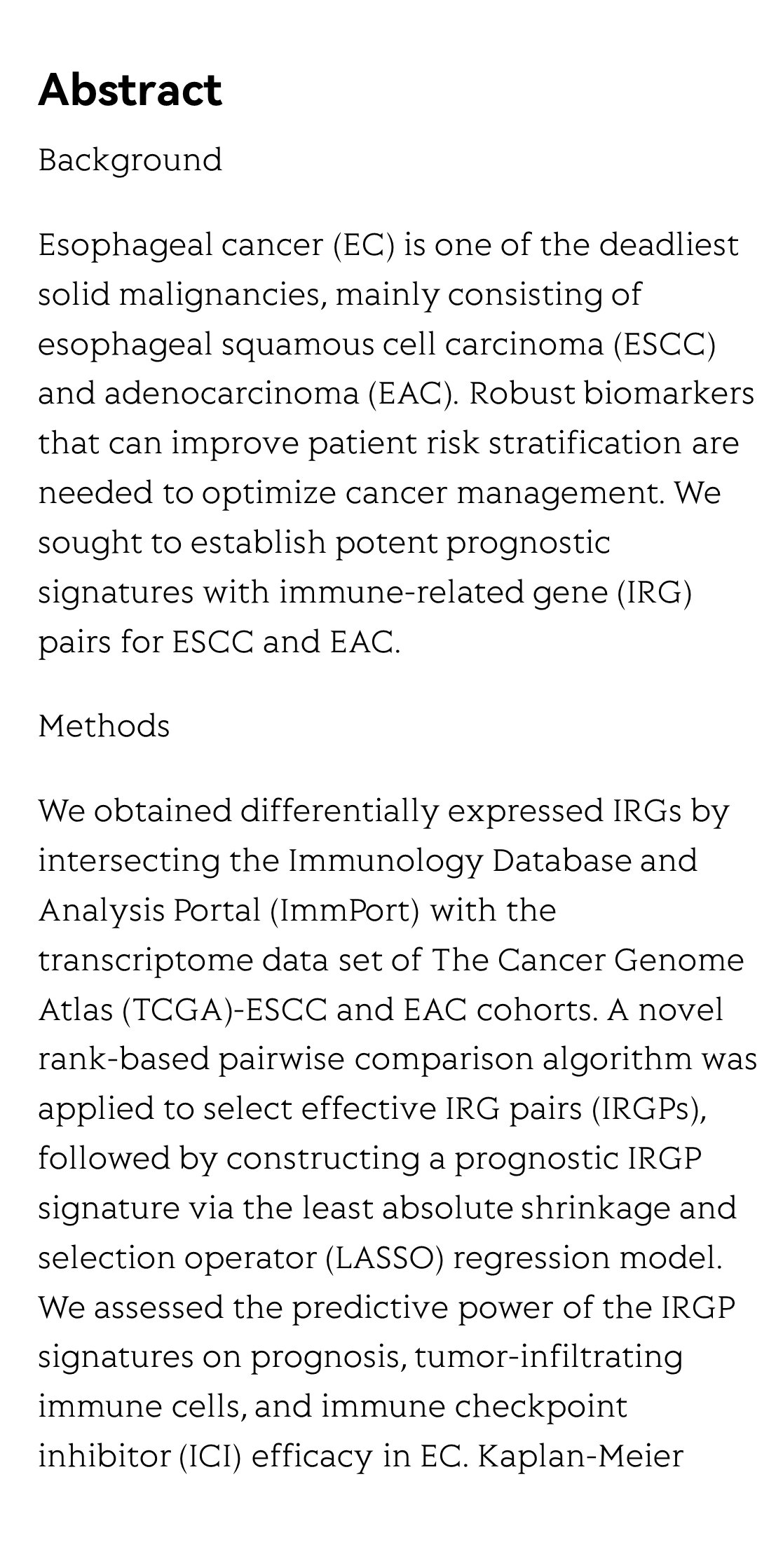 Development of immune gene pair-based signature predictive of prognosis and immunotherapy in esophageal cancer_2