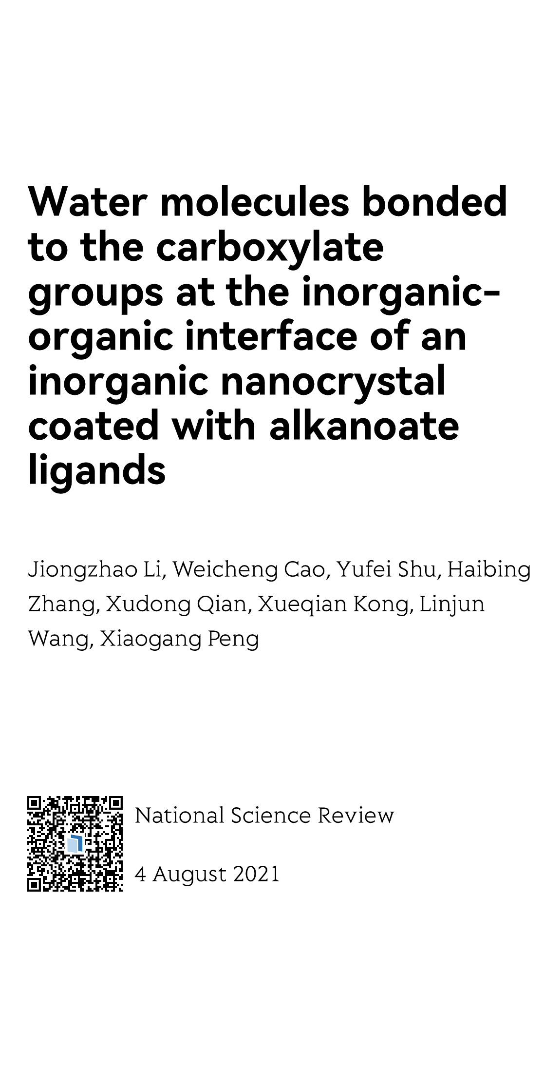 Water molecules bonded to the carboxylate groups at the inorganic-organic interface of an inorganic nanocrystal coated with alkanoate ligands_1
