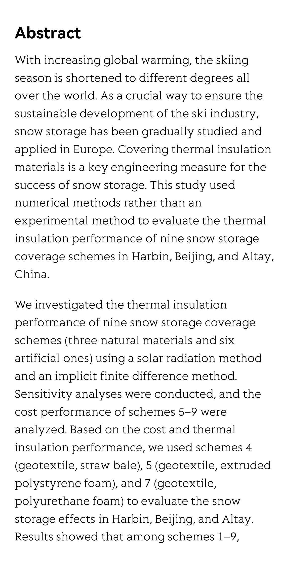 Numerical estimation of thermal insulation performance of different coverage schemes at three places for snow storage_2