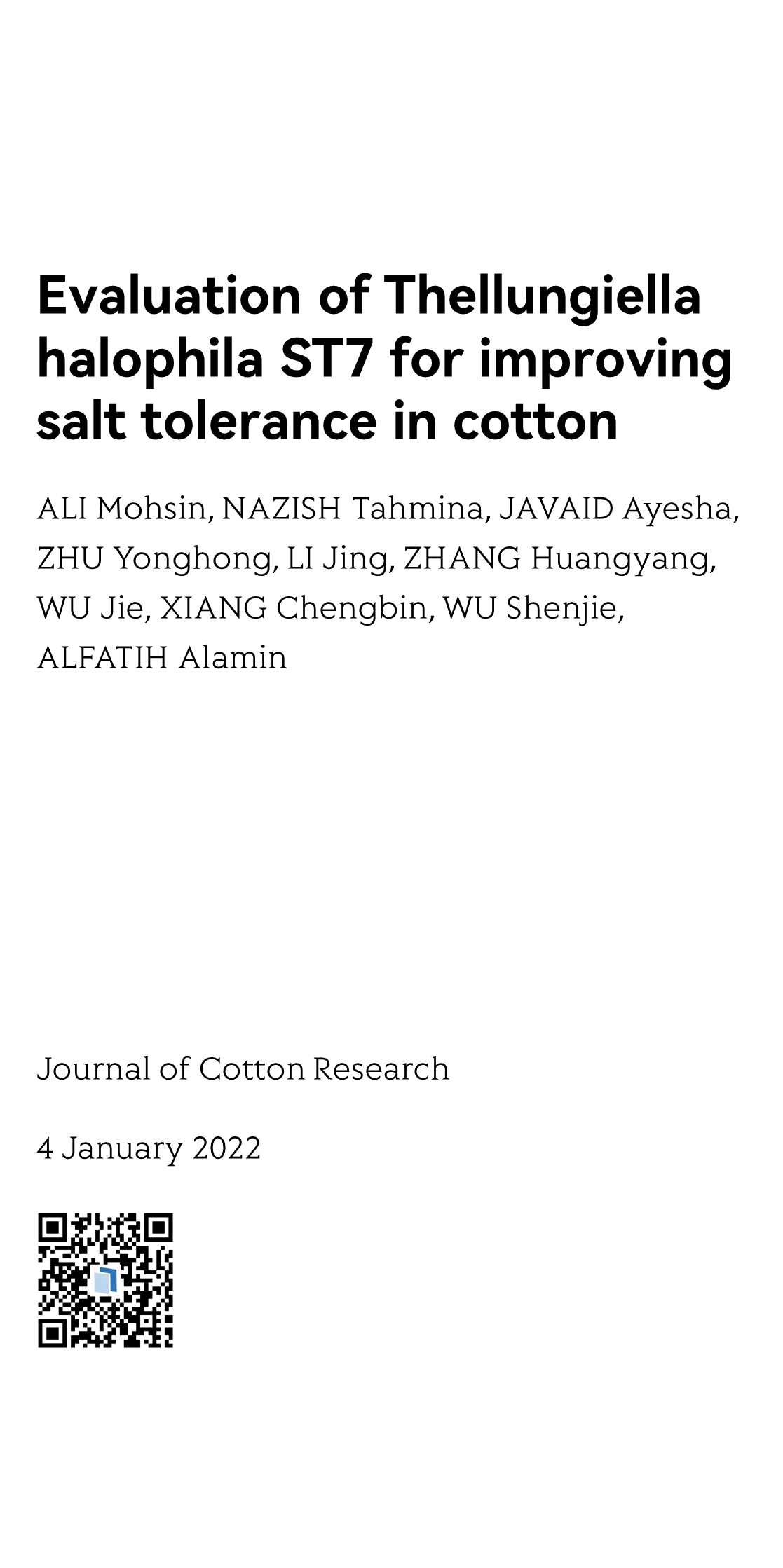 Evaluation of Thellungiella halophila ST7 for improving salt tolerance in cotton_1