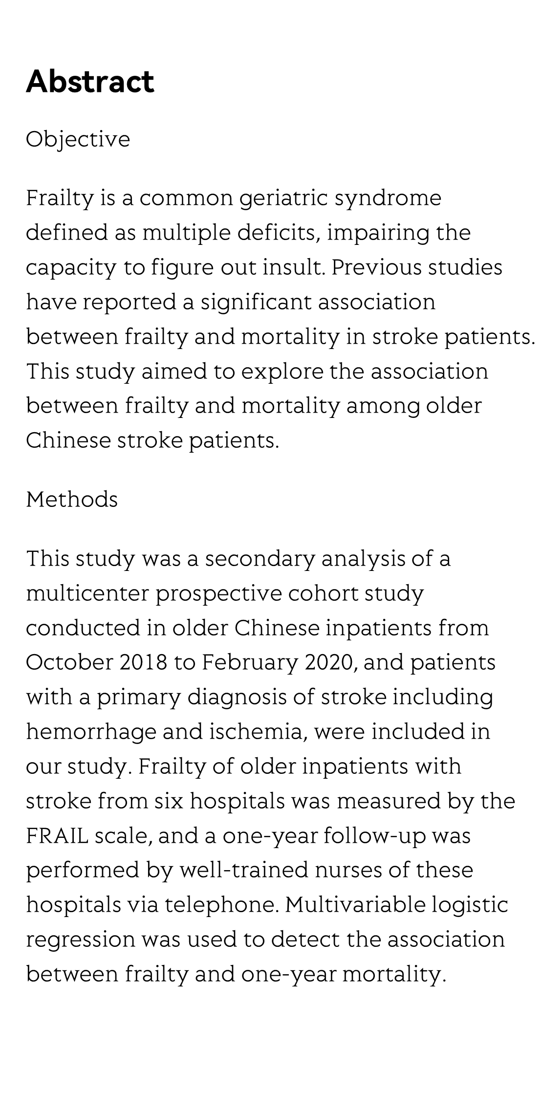 The association between frailty of older stroke patients during hospitalization and one-year all-cause mortality: A multicenter survey in China_2
