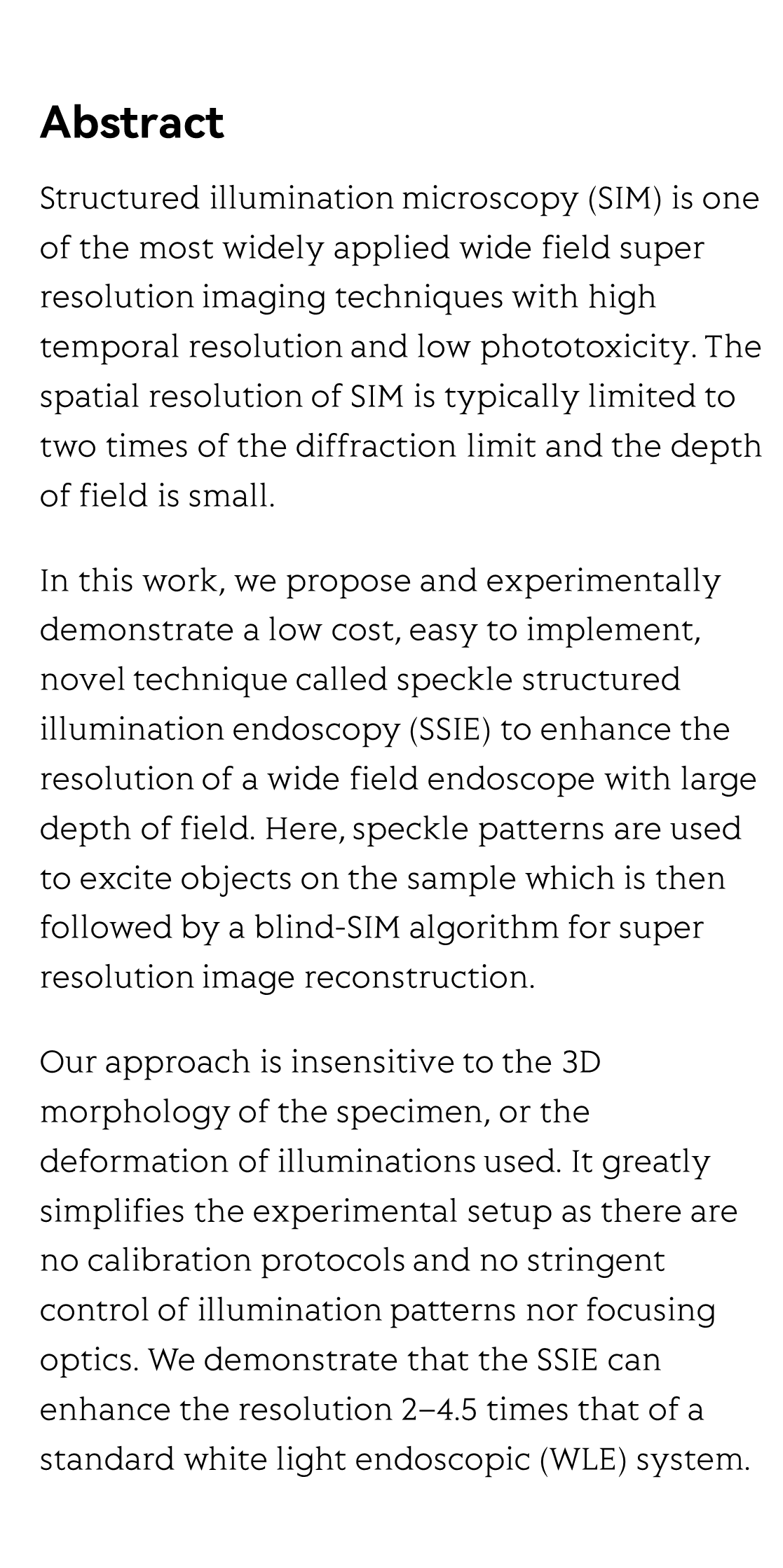 Speckle structured illumination endoscopy with enhanced resolution at wide field of view and depth of field_2