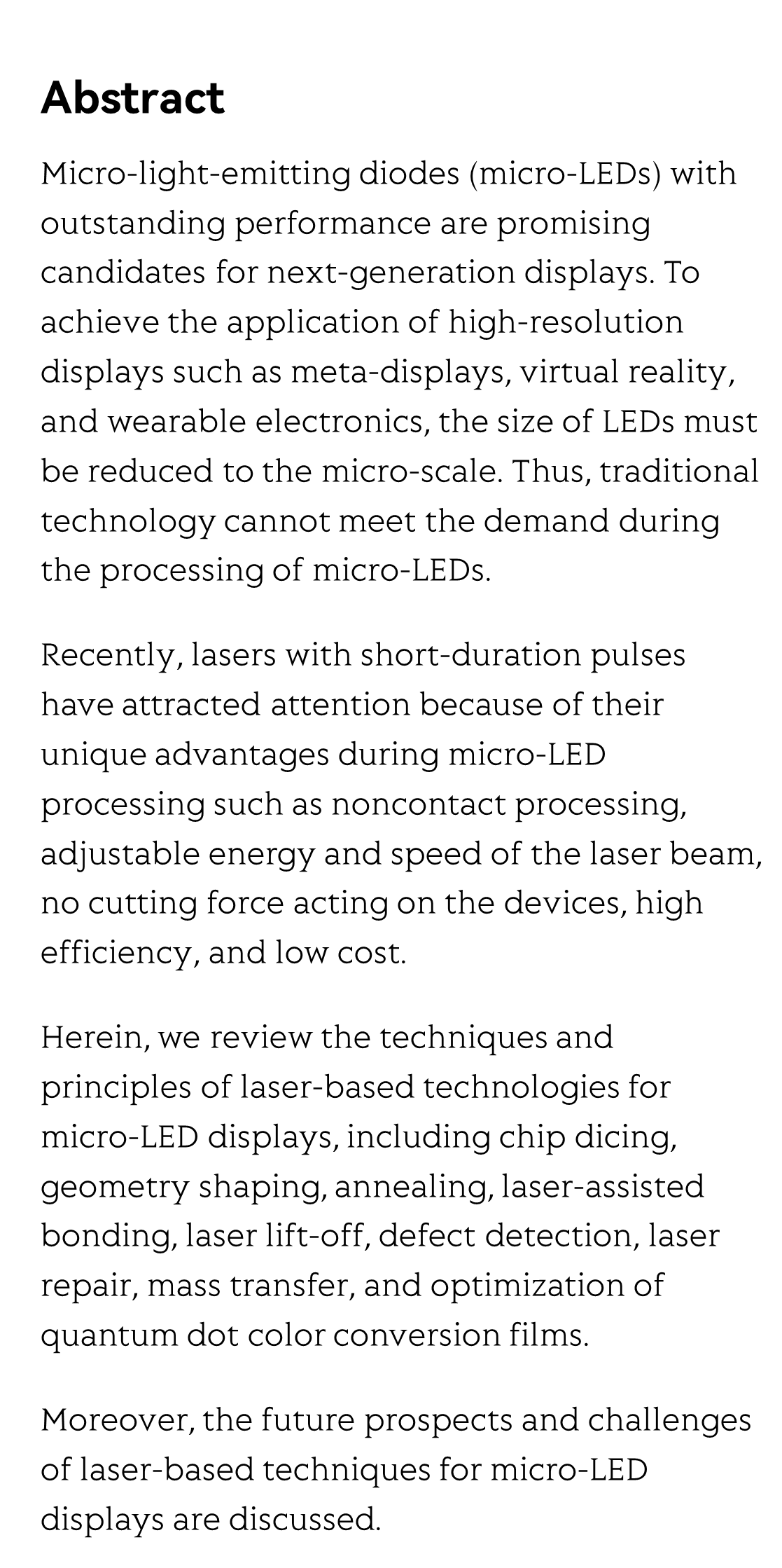 Applications of lasers: A promising route toward low-cost fabrication of high-efficiency full-color micro-LED displays_2