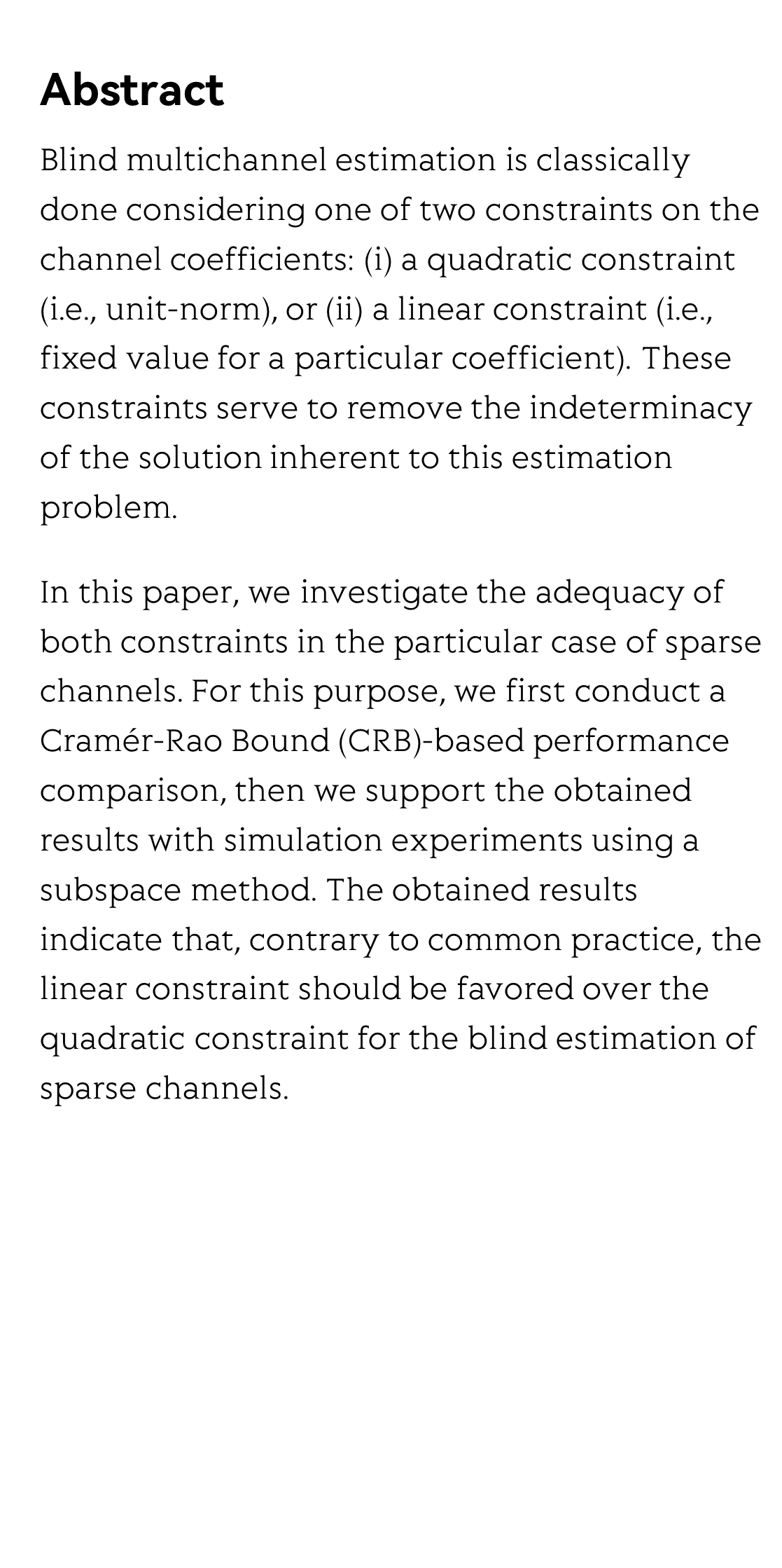 Blind Estimation of Sparse Simo Channels: Quadratic Vs. Linear Constraints_2
