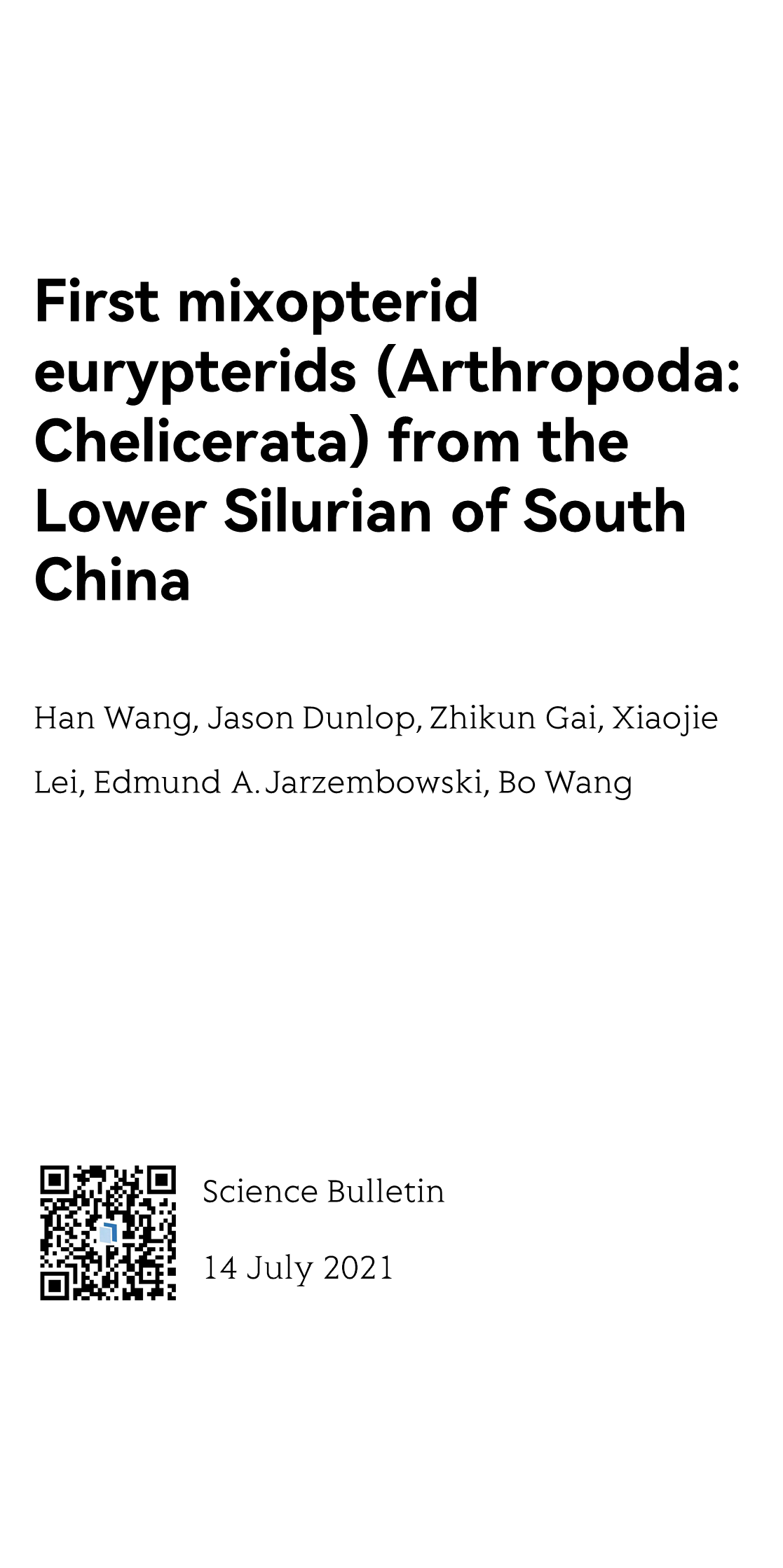 First mixopterid eurypterids (Arthropoda: Chelicerata) from the Lower Silurian of South China_1