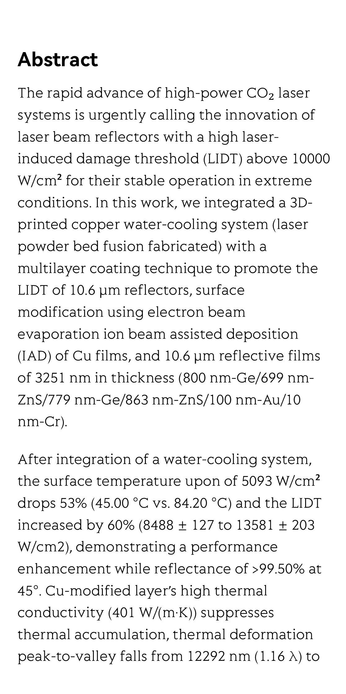 3D-printed copper water cooling system assisted fabrication of 10.6-μm high-power CO₂ laser resistance reflectors_2