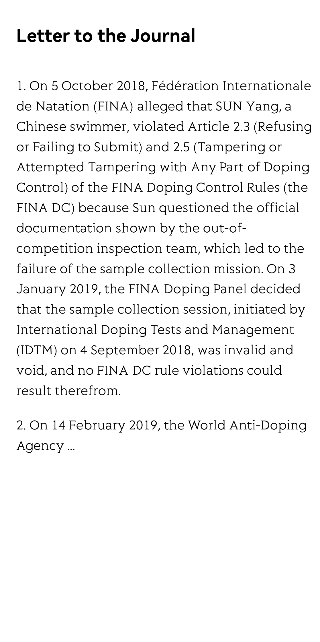 The Swiss Federal Tribunal Annulled the Arbitral Award in the SUN Yang v. WADA & FINA Case: The Applicant's Duty of Curiosity on the Qualifications of an Arbitrator and the Neutrality of the Arbitrator_2