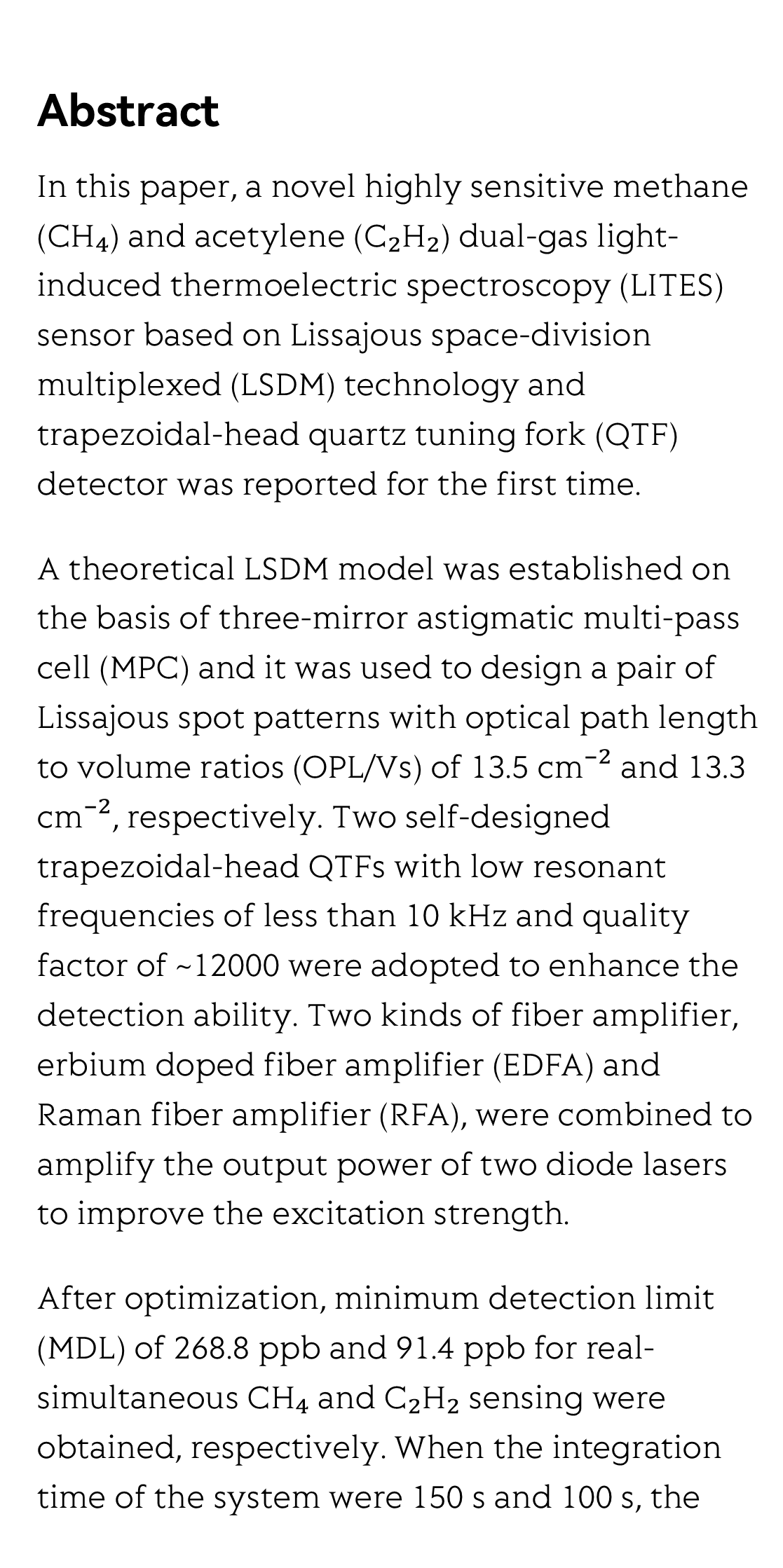 Highly sensitive and real-simultaneous CH4/C2H2 dual-gas LITES sensor based on Lissajous pattern multi-pass cell_2