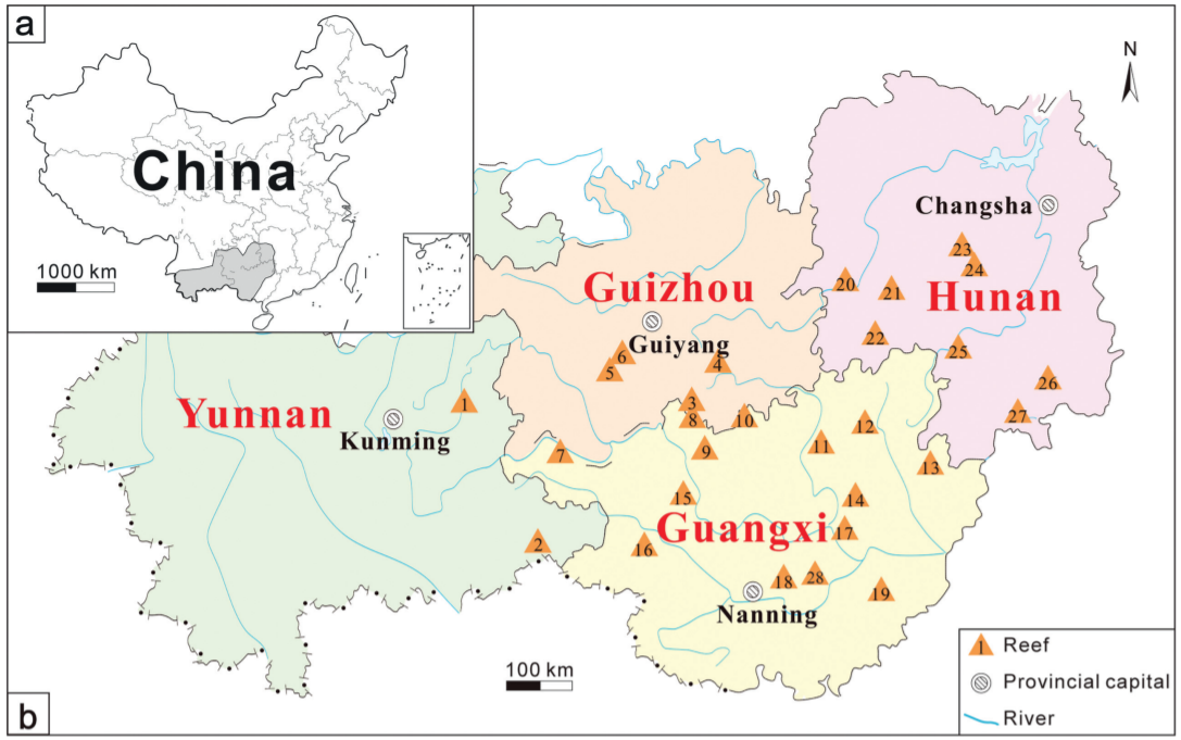 Devonian reef development and strata-bound ore deposits in South China_3