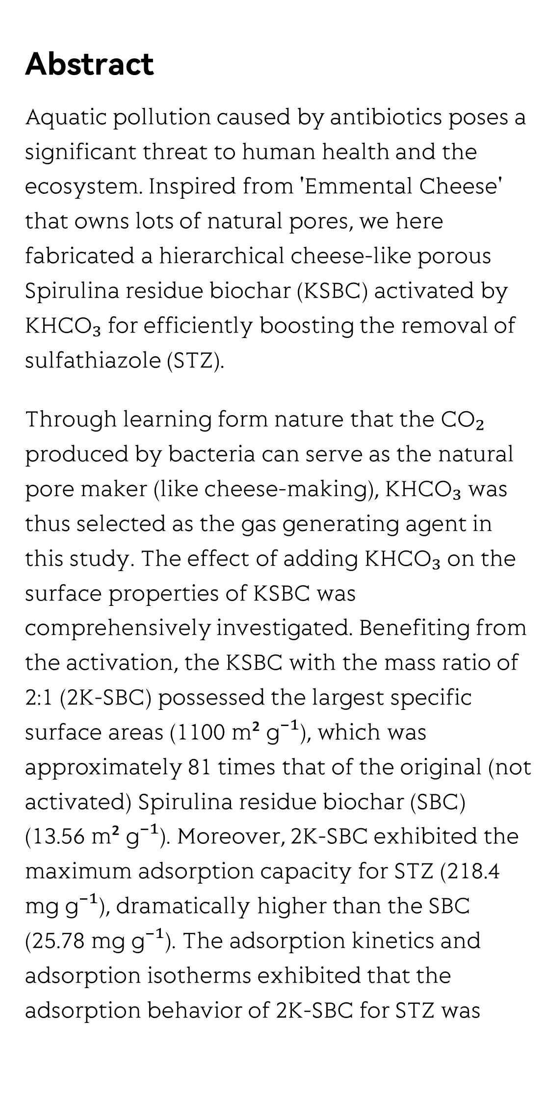 Tailoring a novel hierarchical cheese-like porous biochar from algae residue to boost sulfathiazole removal_2