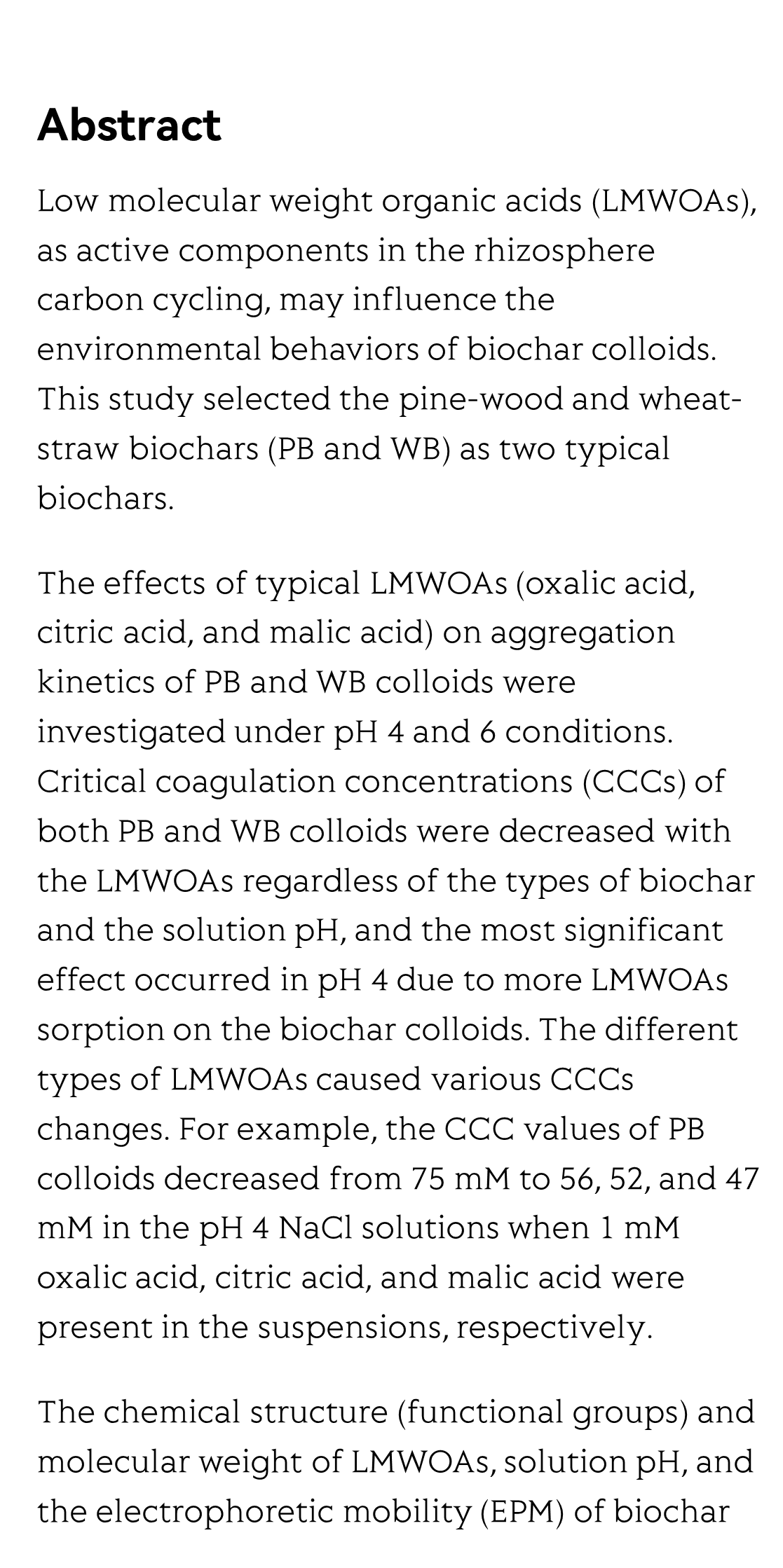Effects of low molecular weight organic acids on aggregation behavior of biochar colloids at acid and neutral conditions_2