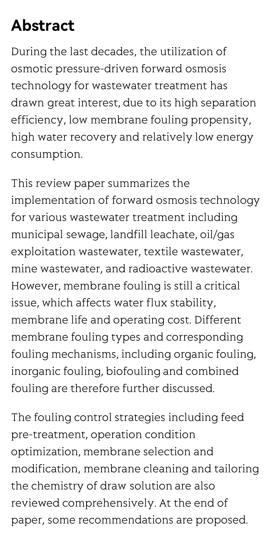 A review on the forward osmosis applications and fouling control strategies for wastewater treatment_2