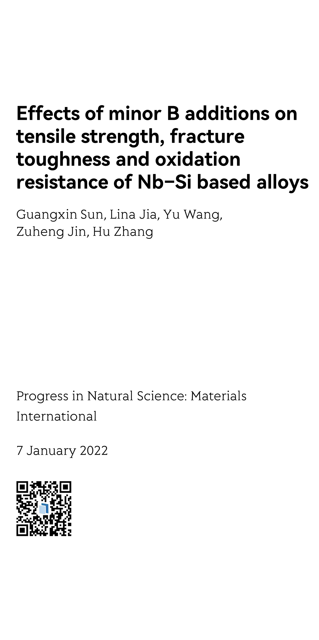 Effects of minor B additions on tensile strength, fracture toughness and oxidation resistance of Nb–Si based alloys_1