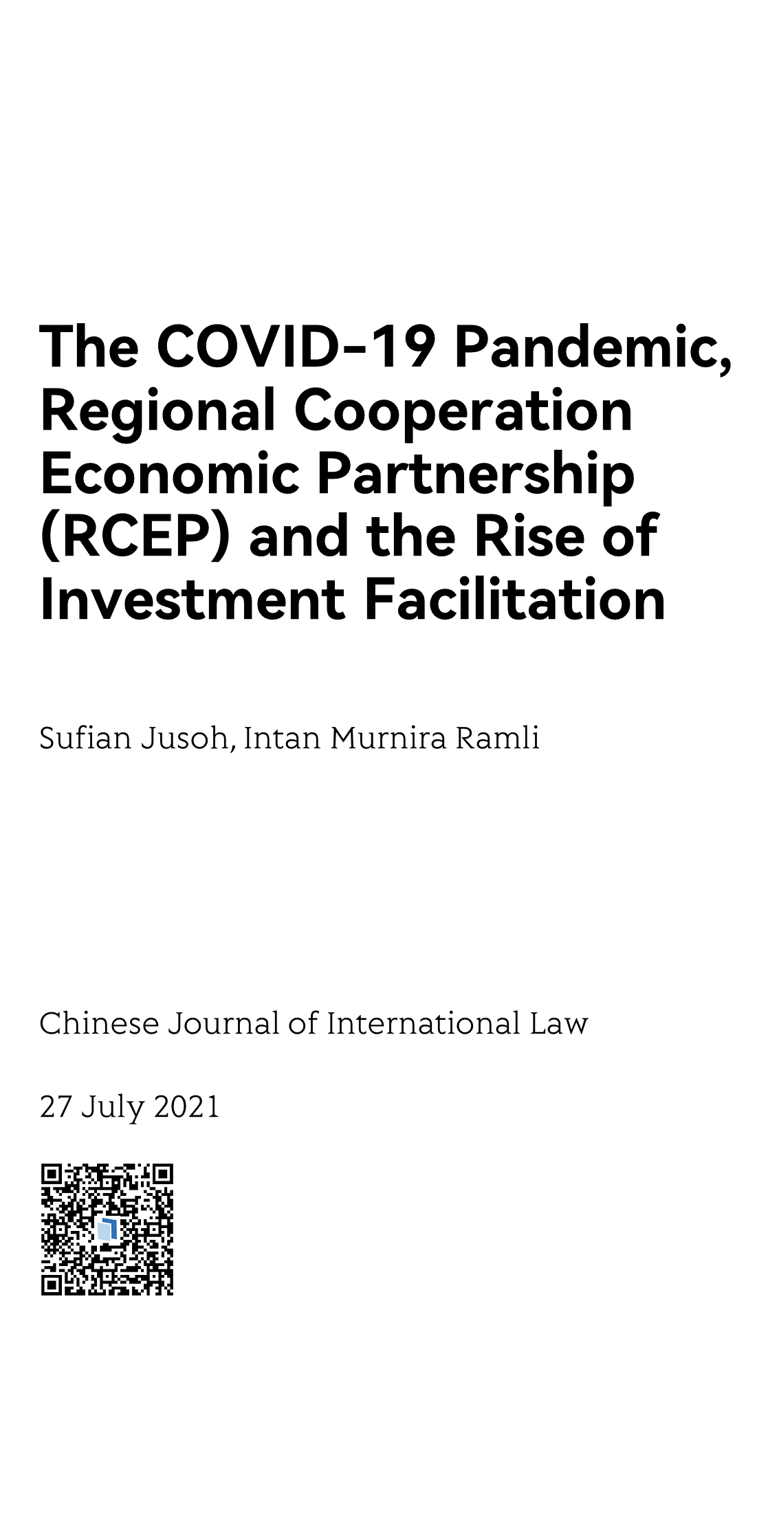 The COVID-19 Pandemic, Regional Cooperation Economic Partnership (RCEP) and the Rise of Investment Facilitation_1