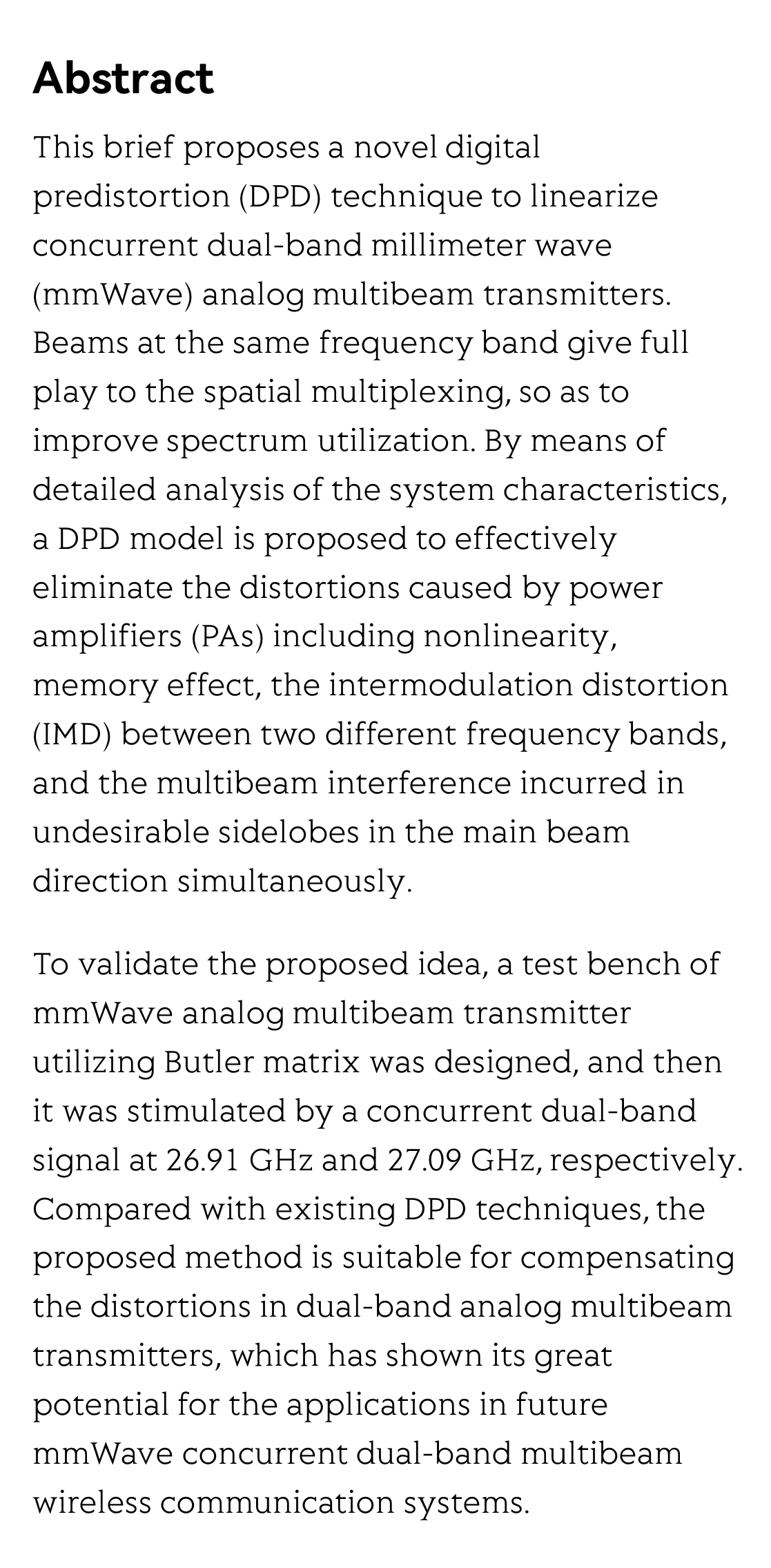 Digital Predistortion for Concurrent Dual-band Millimeter Wave Analog Multibeam Transmitters_2