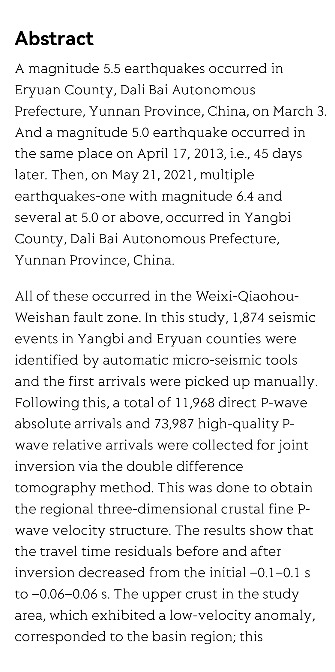 Three-dimensional fine crustal P-wave velocity structure in the Yangbi and Eryuan earthquake regions, Yunnan, China_2
