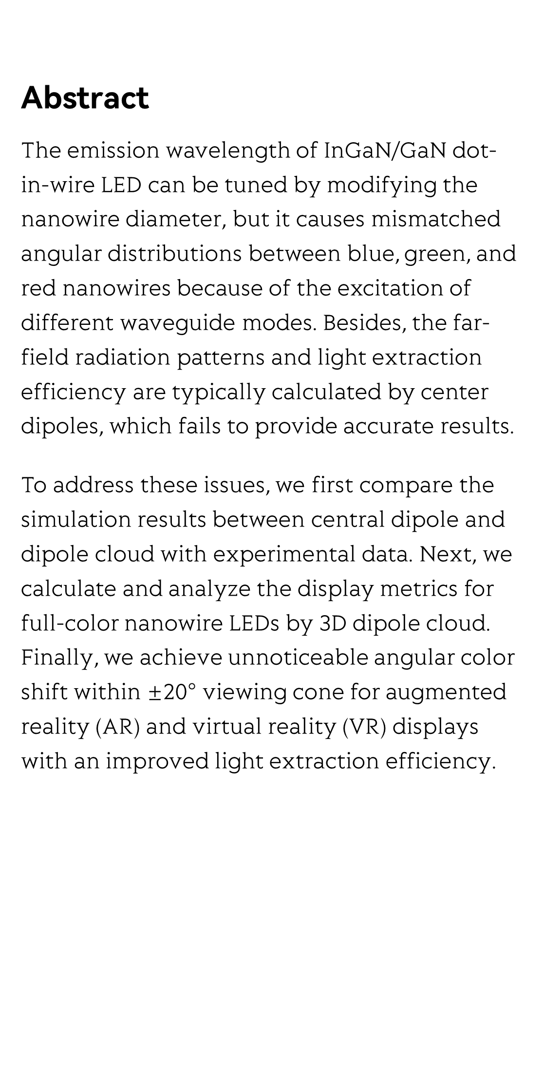 Directional high-efficiency nanowire LEDs with reduced angular color shift for AR and VR displays_2