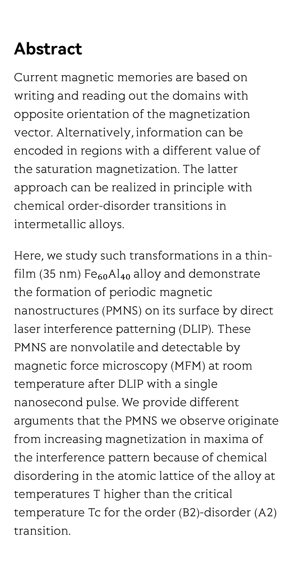 Direct laser interference patterning of nonvolatile magnetic nanostructures in Fe₆₀Al₄₀ alloy via disorder-induced ferromagnetism_2