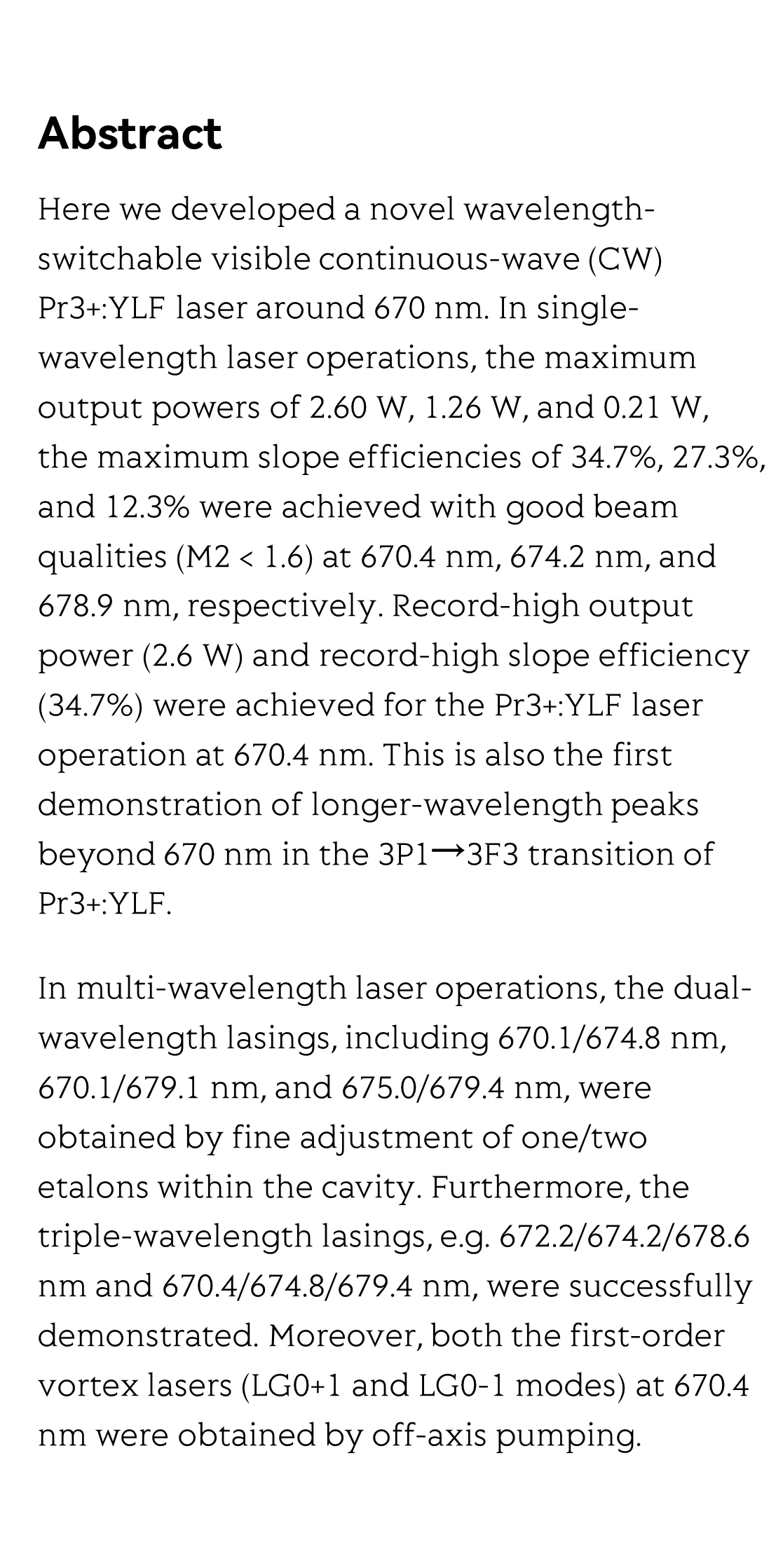 Diode-pumped wavelength-switchable visible Pr3+:YLF laser and vortex laser around 670 nm_2
