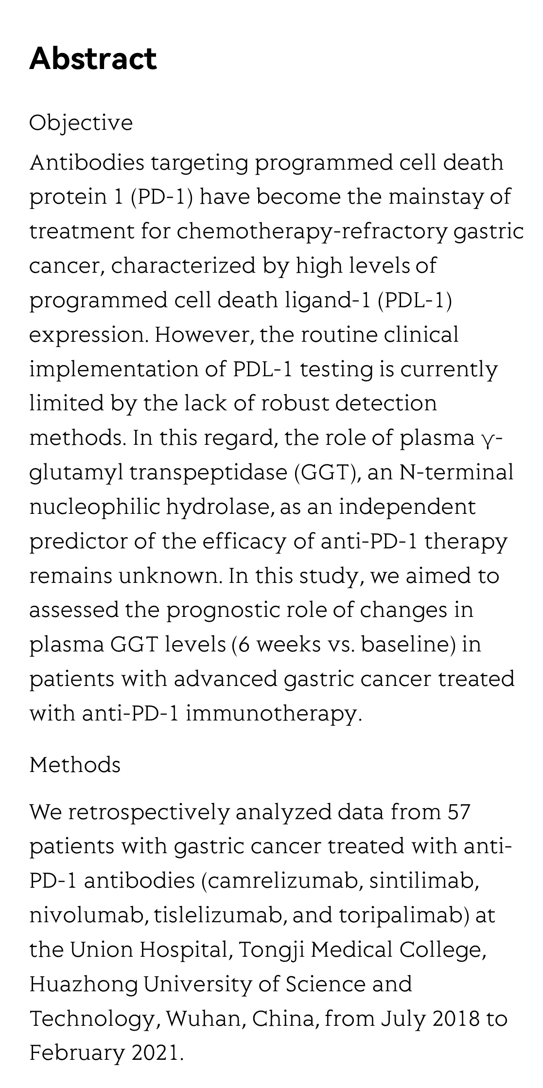 Prognostic role of plasma levels of γ-glutamyl transpeptidase in patients with advanced gastric cancer treated with anti-PD-1 immunotherapy_2