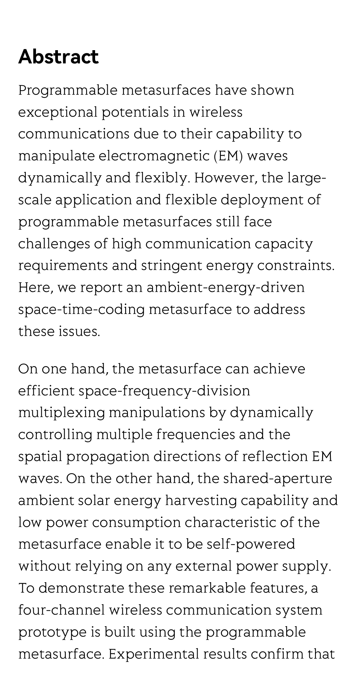 Ambient-energy-driven space-time-coding metasurface for space-frequency-division multiplexing wireless communications_2