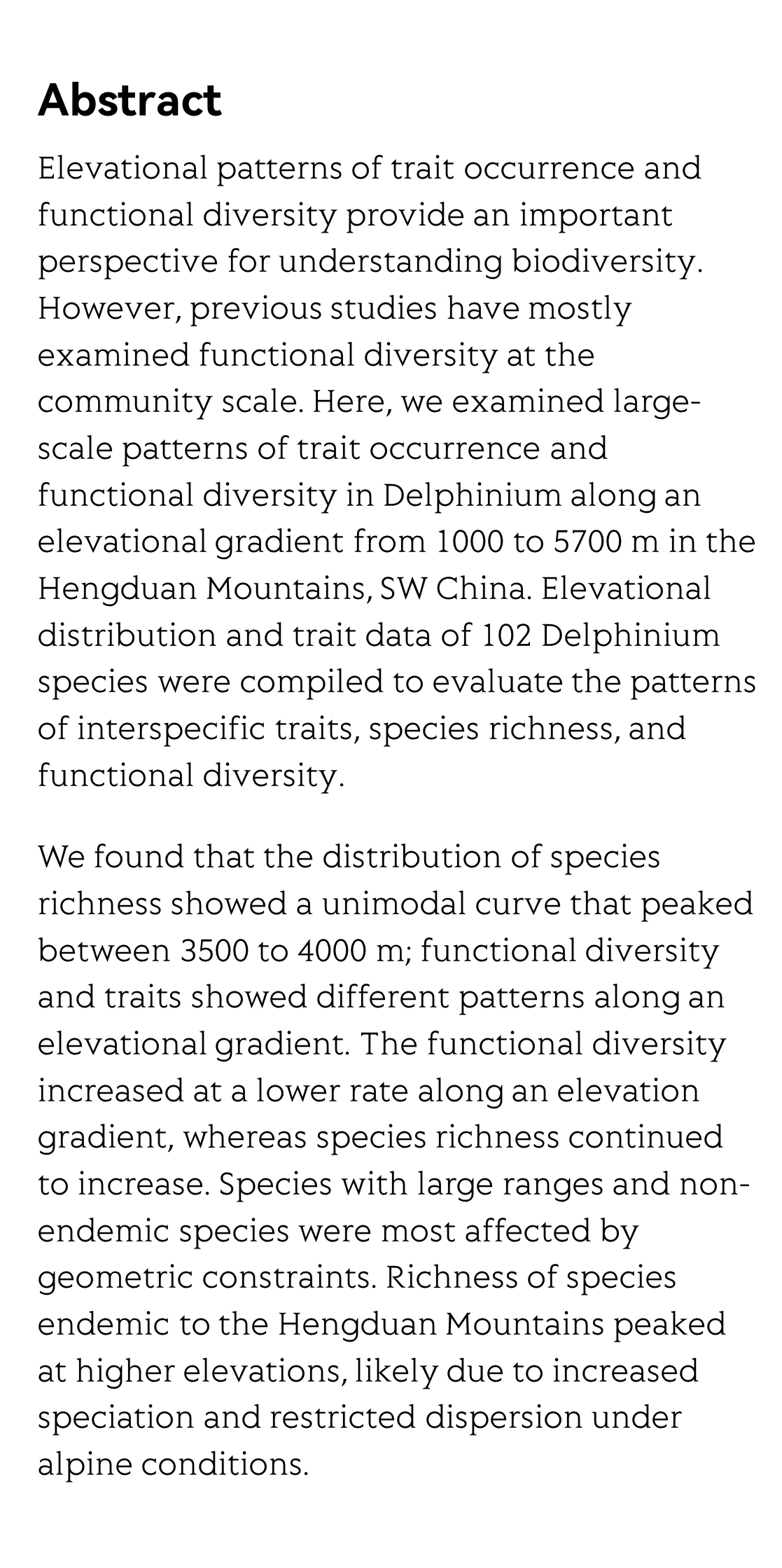 Elevational patterns of functional diversity and trait of Delphinium (Ranunculaceae) in Hengduan Mountains, China_2