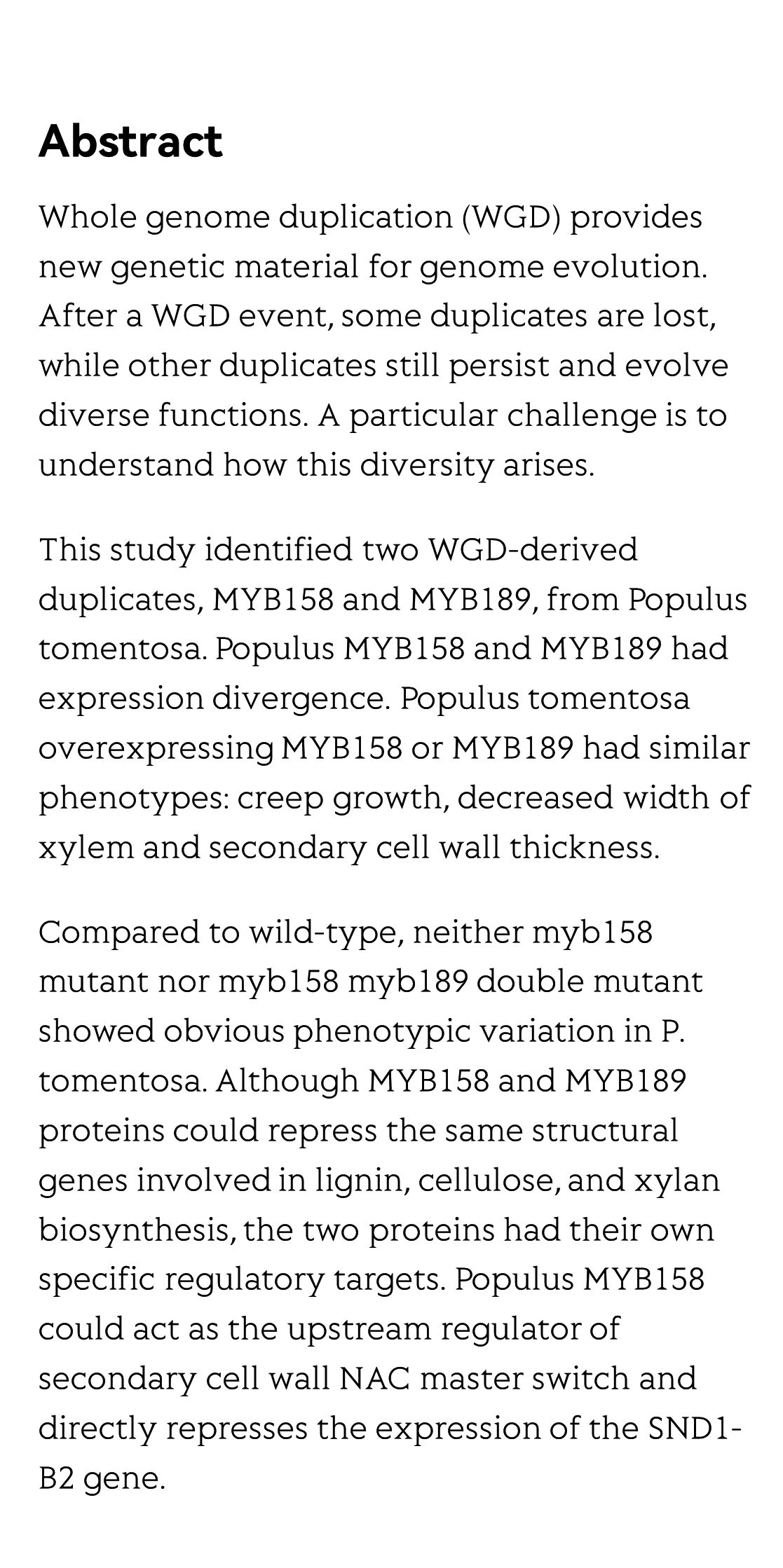 Functional divergence of Populus MYB158 and MYB189 gene pair created by whole genome duplication_2