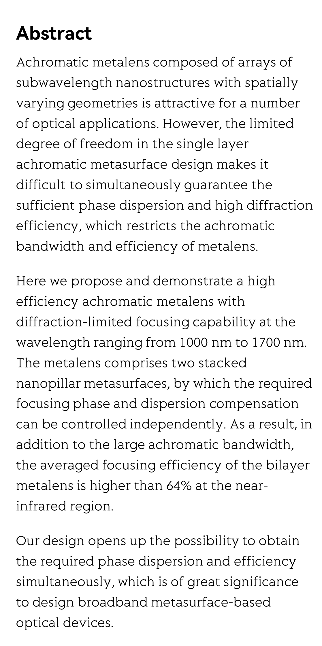 Design of high efficiency achromatic metalens with large operation bandwidth using bilayer architecture_2