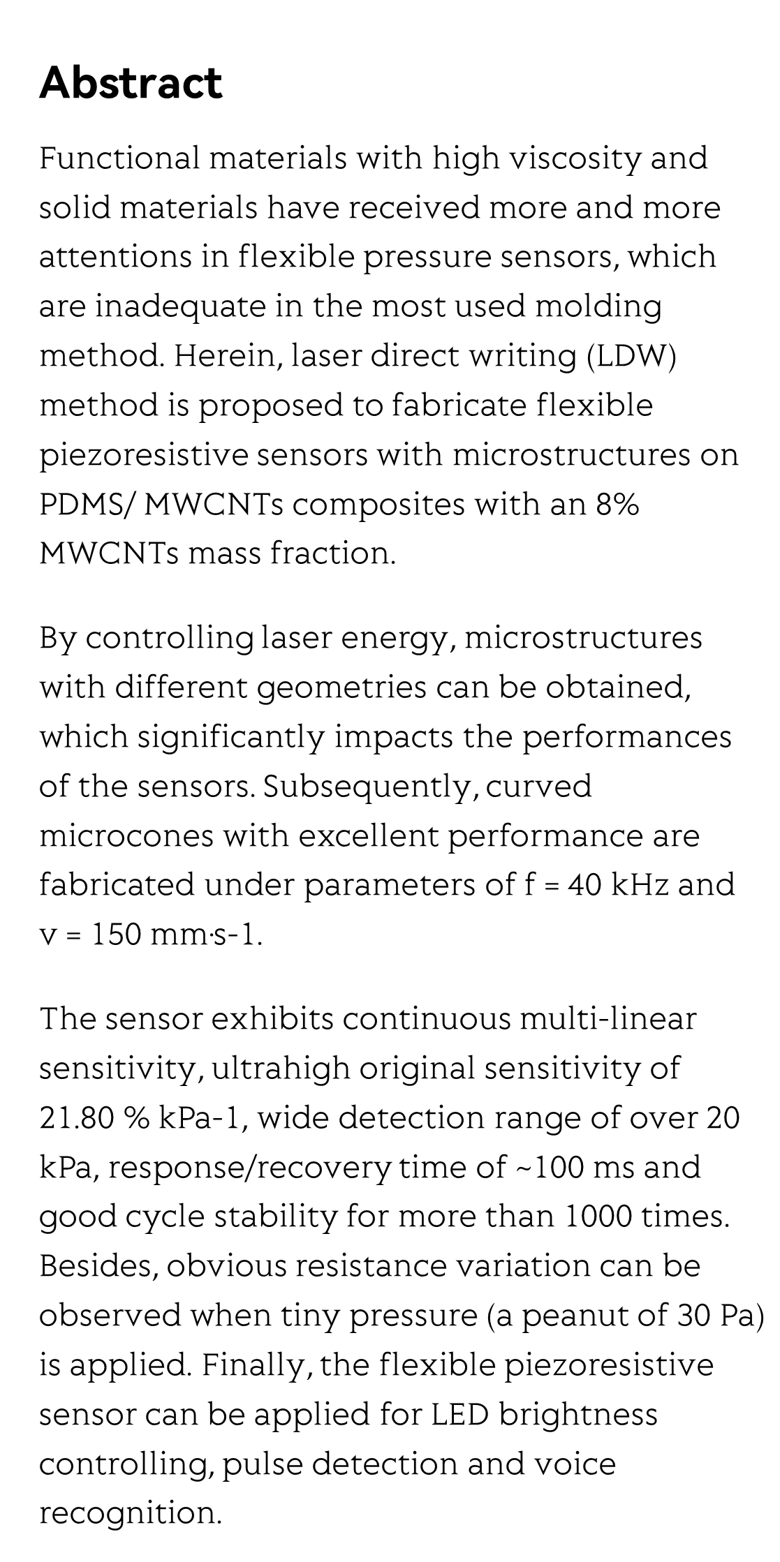 Laser direct writing and characterizations of flexible piezoresistive sensors with microstructures_2