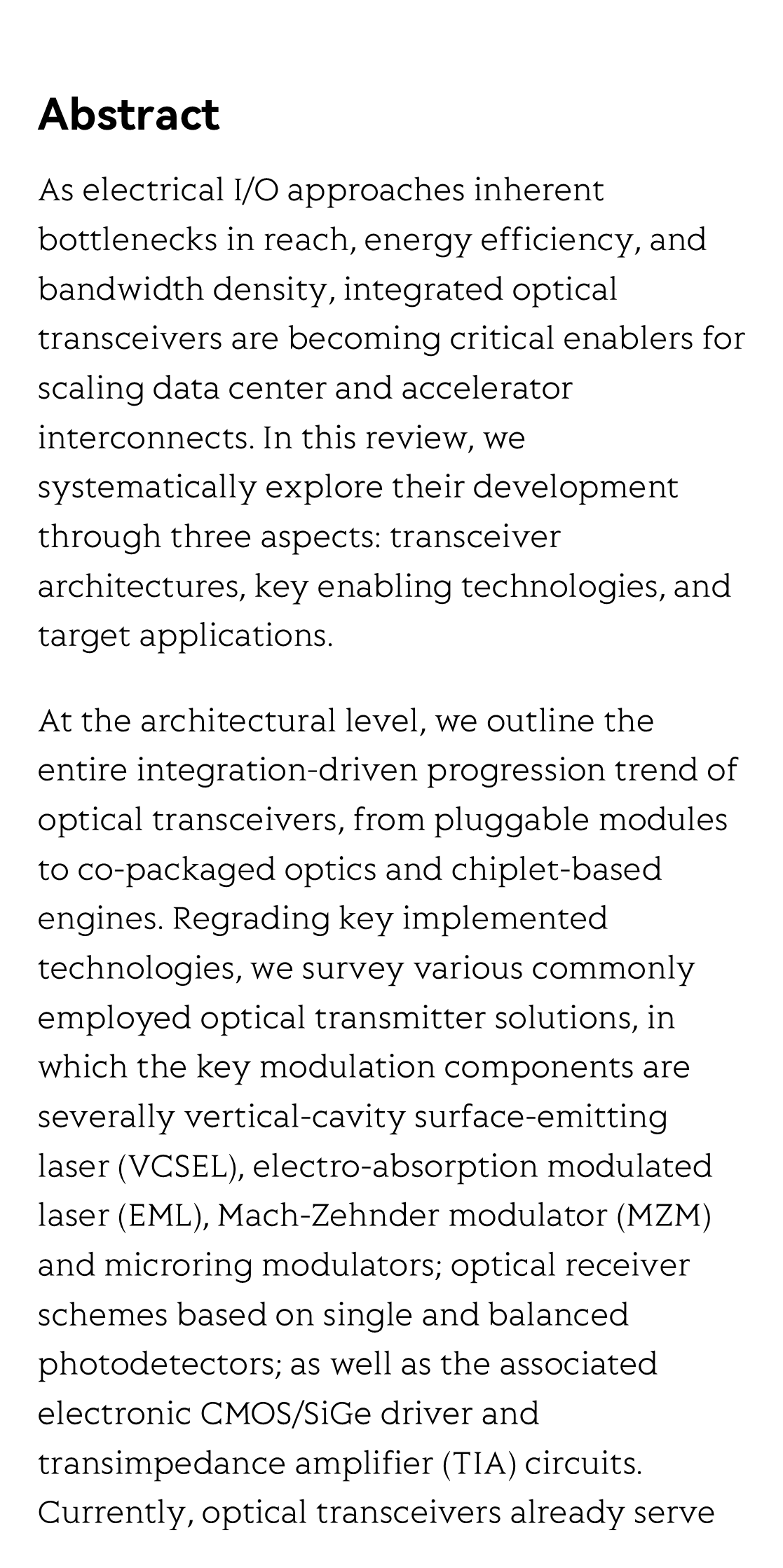 Integrated optical transceivers: architectures, key technologies, and applications_2